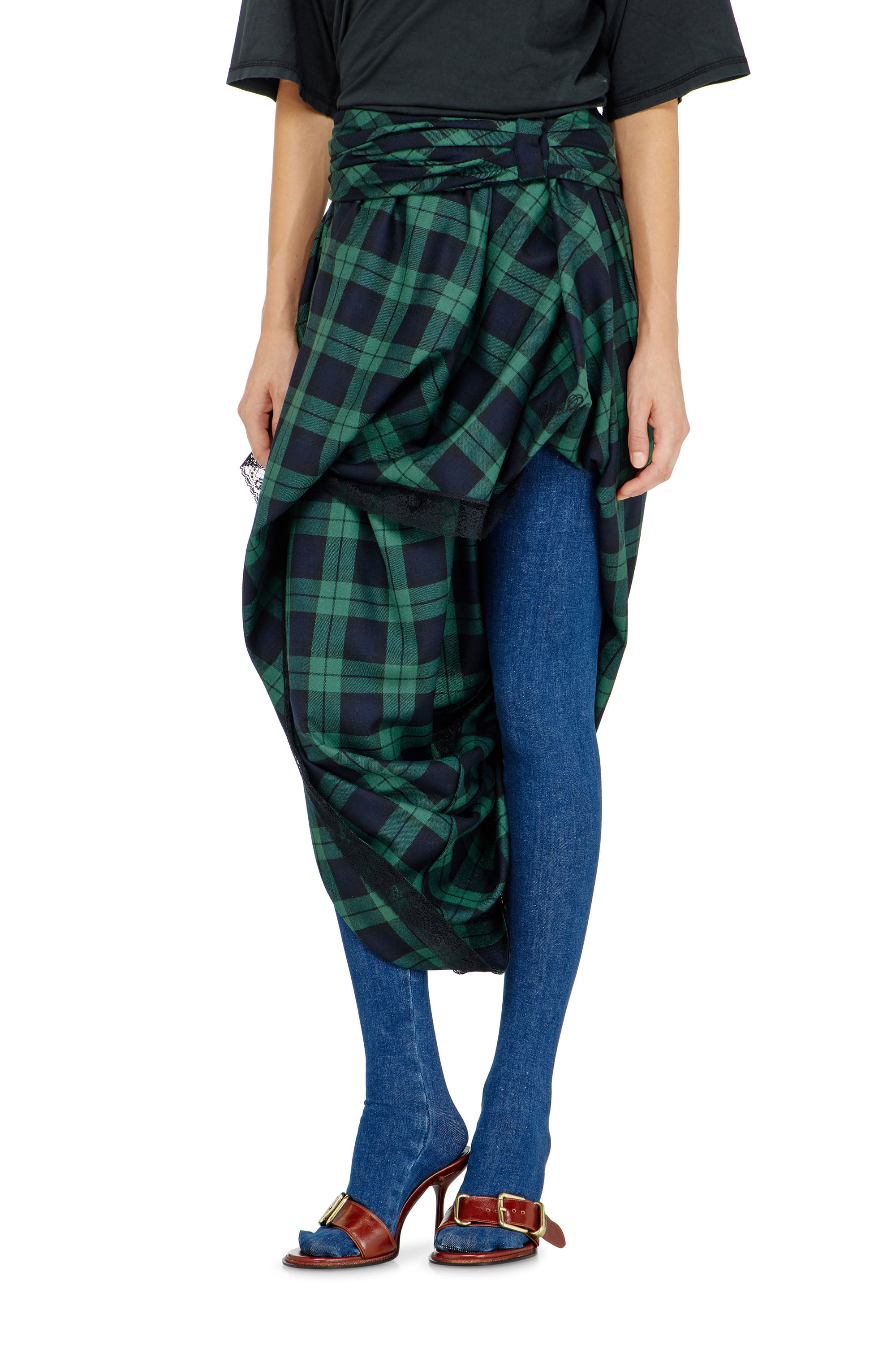 Diesel - O-WINNY, Woman's Draped tartan midi skirt with lace trim in Green/Blue - 1
