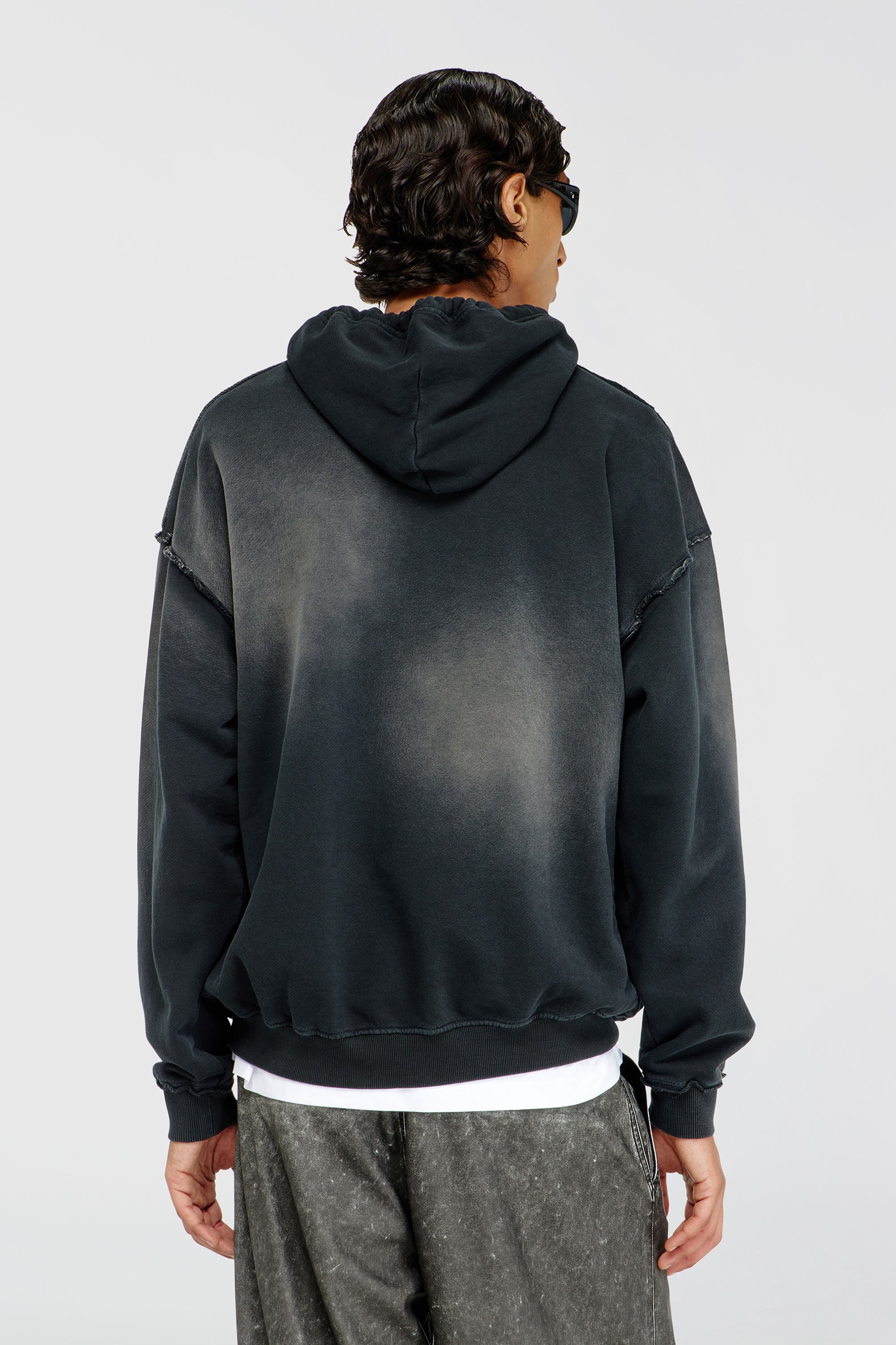 Diesel - S-POCK-HOOD, Male's Faded cotton hoodie with frayed details in Black/Grey - 4