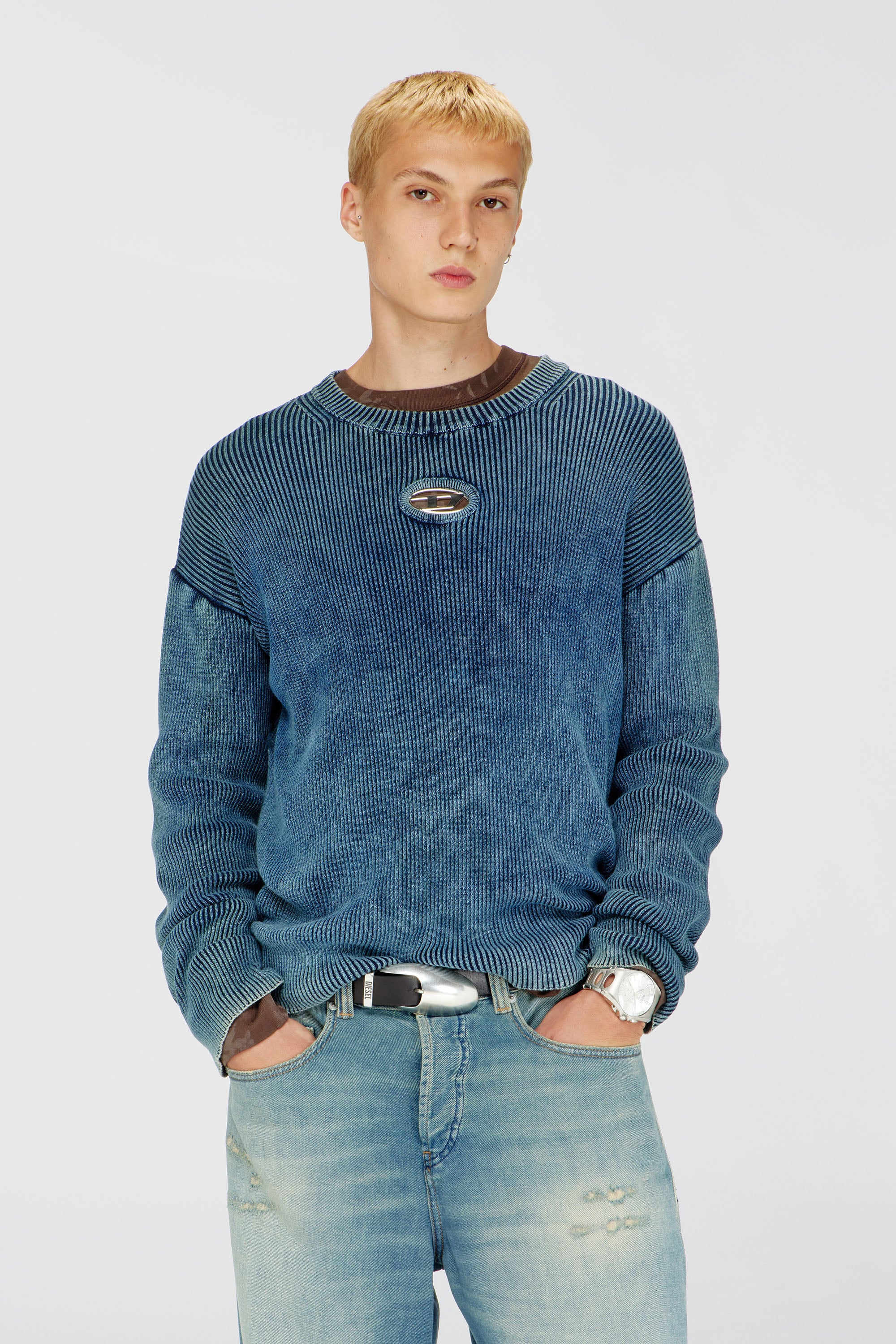 Diesel - K-DARREN-D, Male's Cut-out ribbed jumper with Oval D plaque in Blue - 1