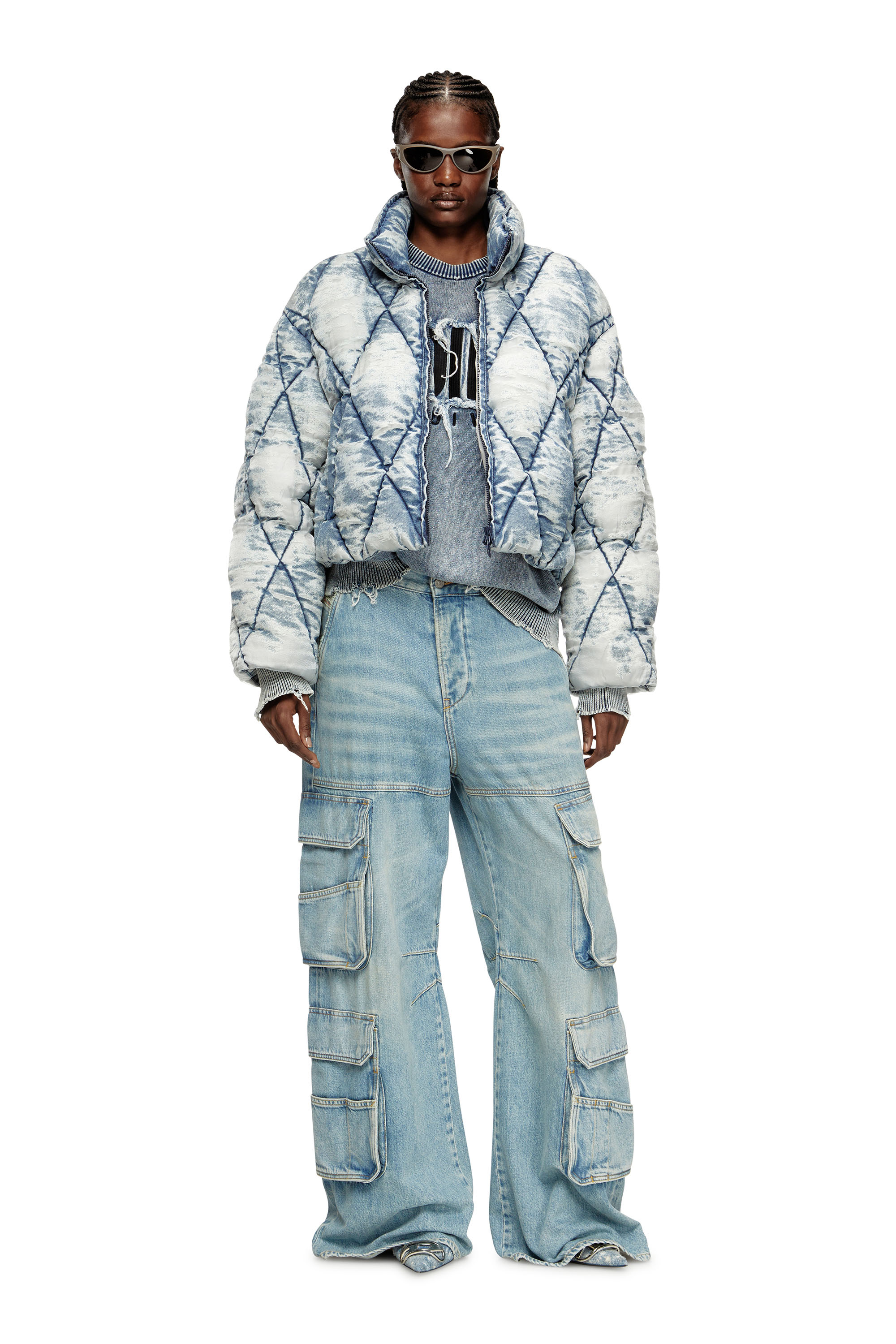 Diesel - W-HISTEL, Female's Puffer jacket in argyle-quilted devoré shell in Light Blue - 2