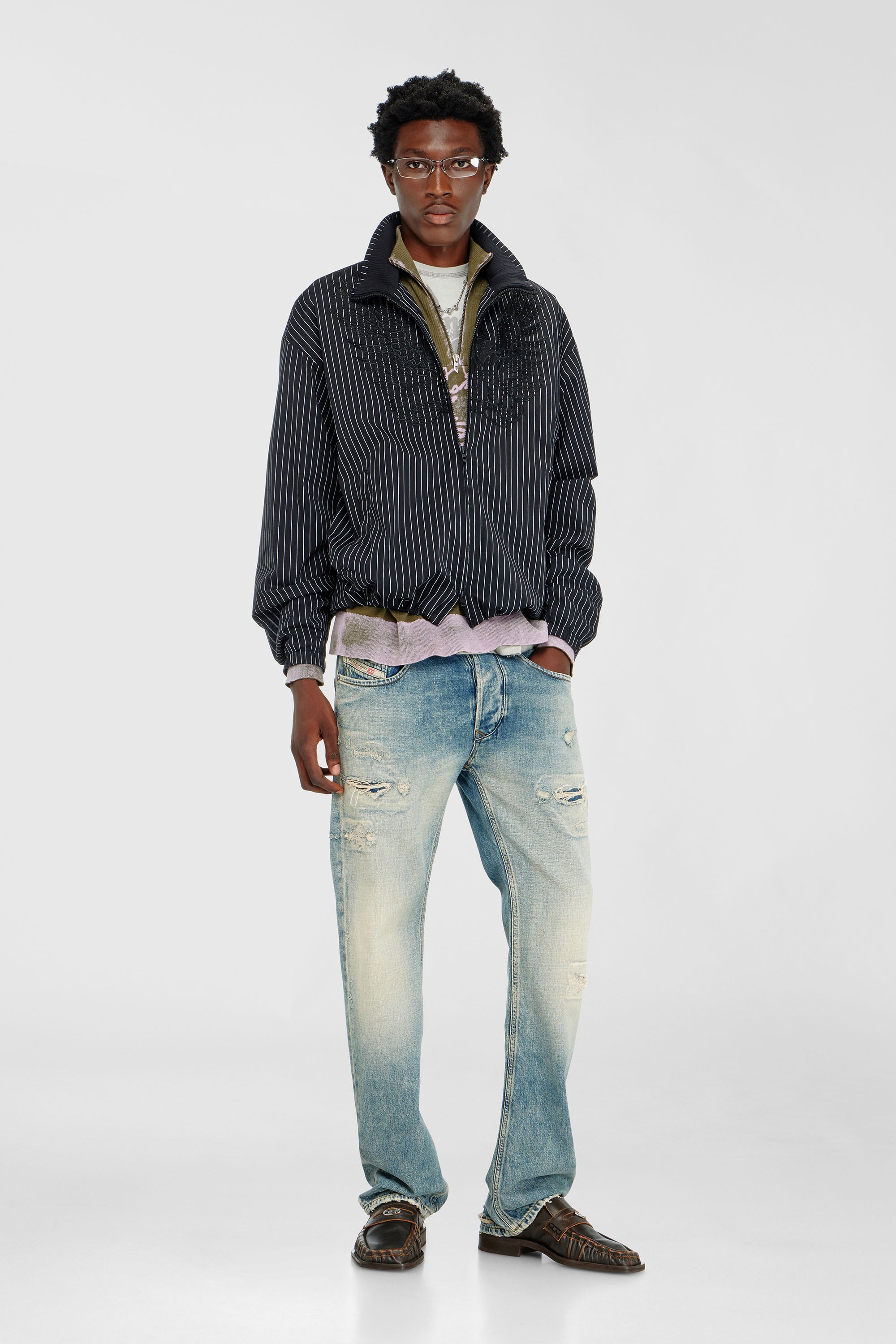 Diesel - J-CORSAR-NJCA, Male's Nylon pinstripe Jacket with Phoenix embroidery in Black - 2