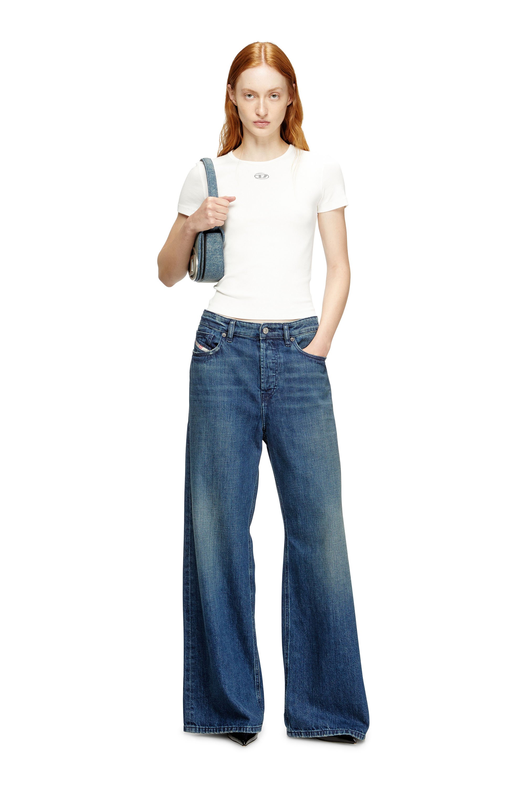 Diesel - T-ELE-LONG-OD, Female's Slim ribbed T-shirt with metallic Oval D in White - 2