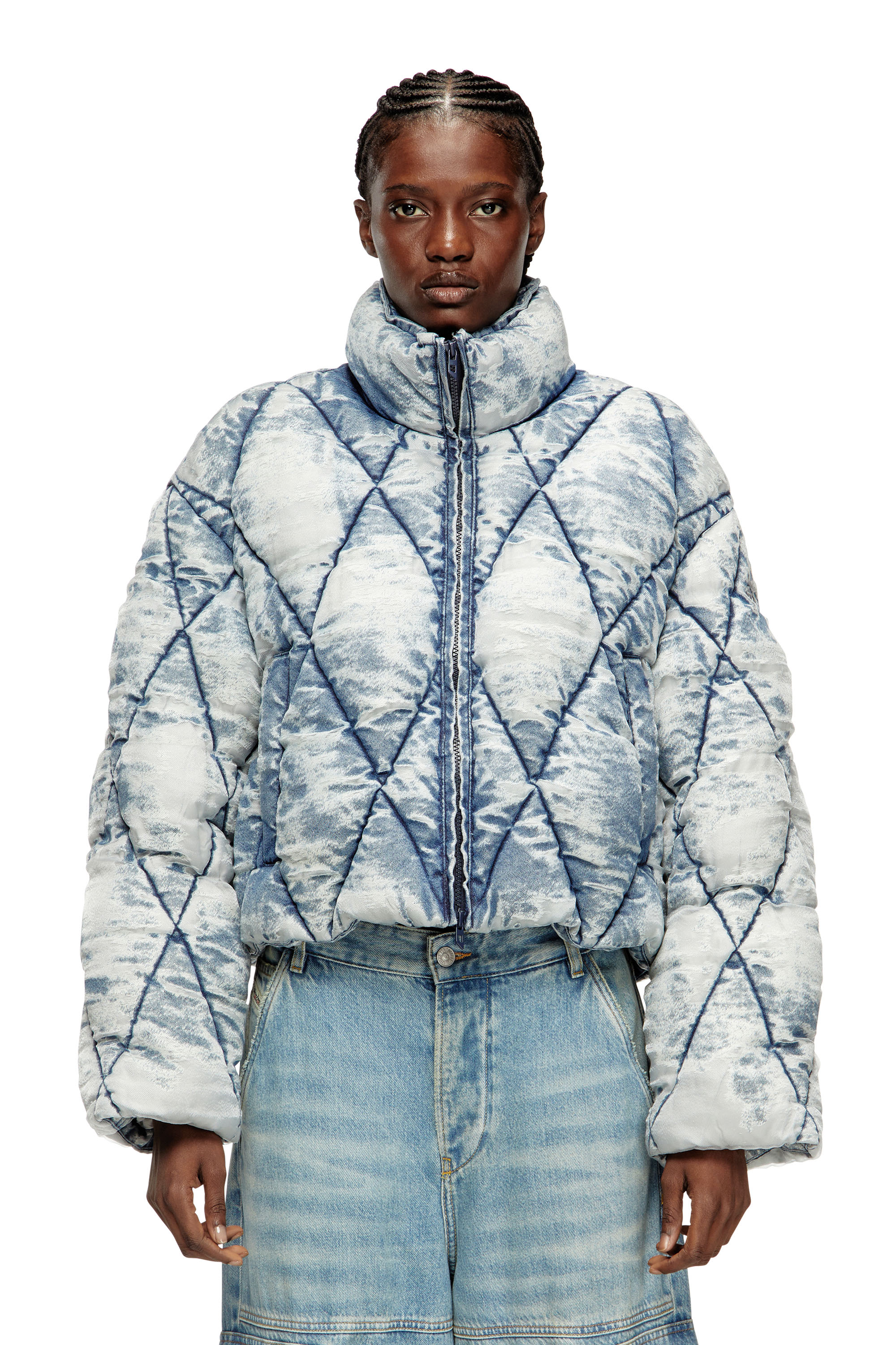 Diesel - W-HISTEL, Female's Puffer jacket in argyle-quilted devoré shell in Light Blue - 1
