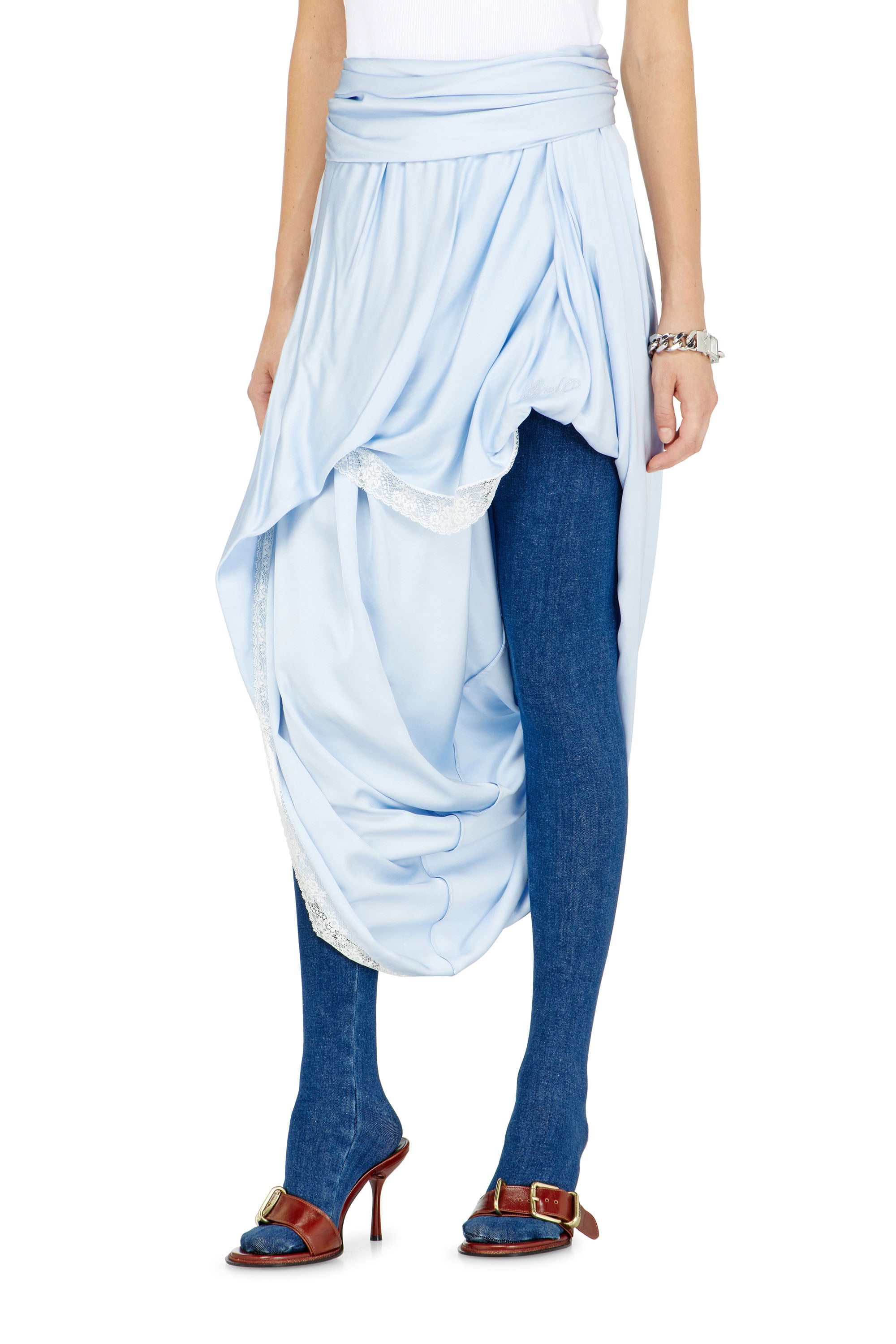 Diesel - O-WANDA, Woman's Draped satin midi skirt with lace trim in Azure - 1