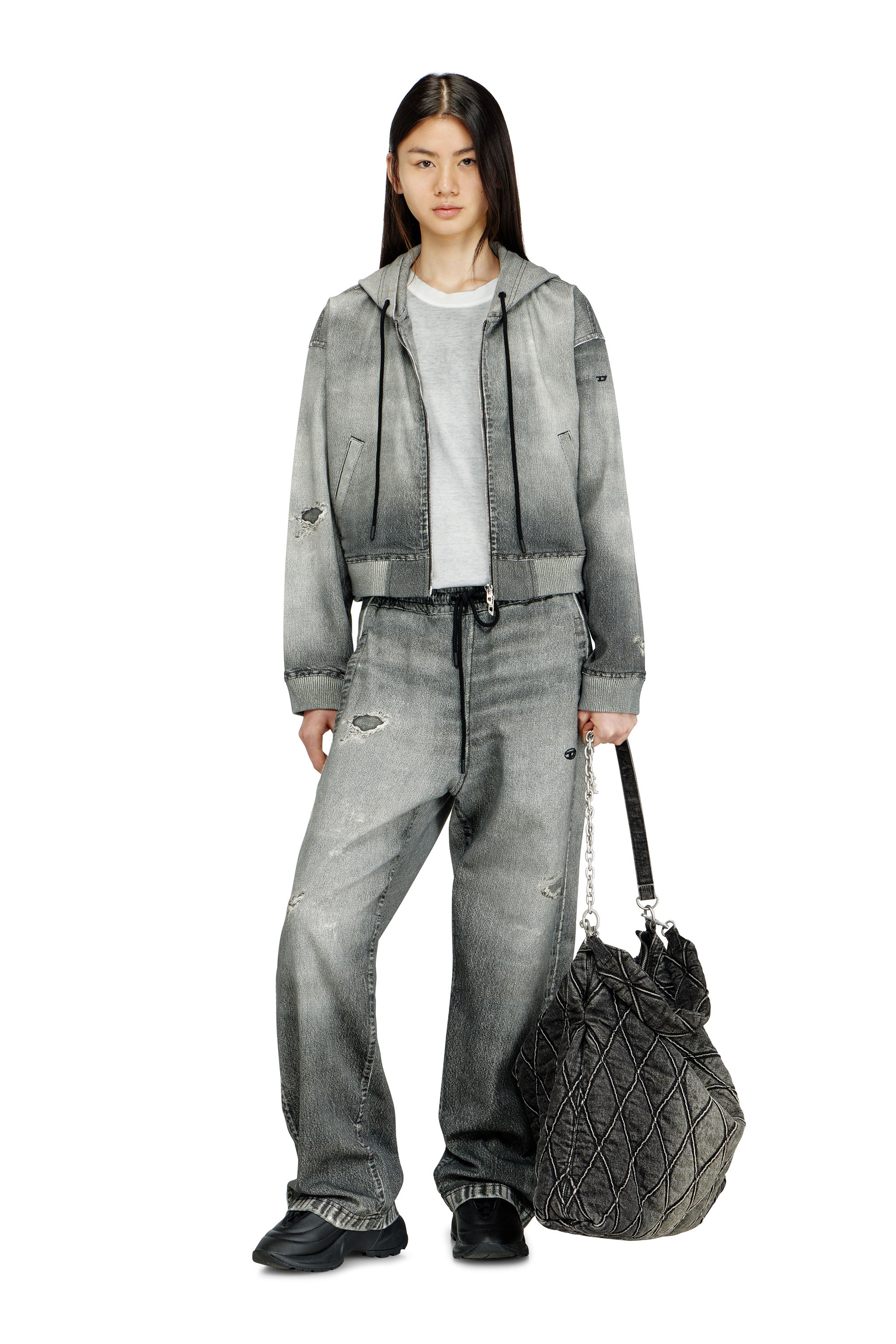 Diesel - DE-GIRI-CROP JOGG, Sudadera con capucha de cremallera en trompe l'oeil JoggJeans Mujer in Gris - 3