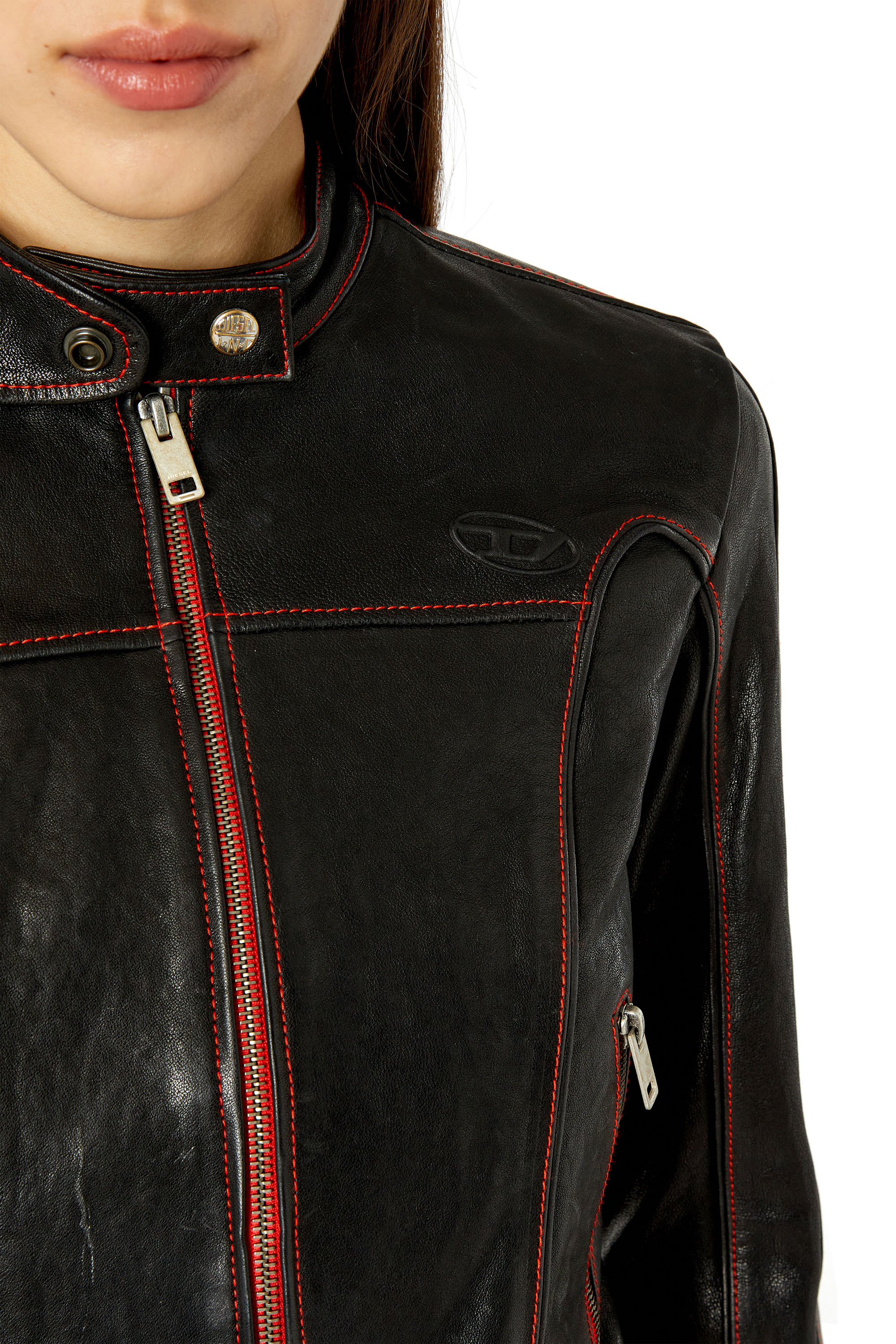 L-FOX-A Woman: Leather biker jacket with contrast details | Diesel