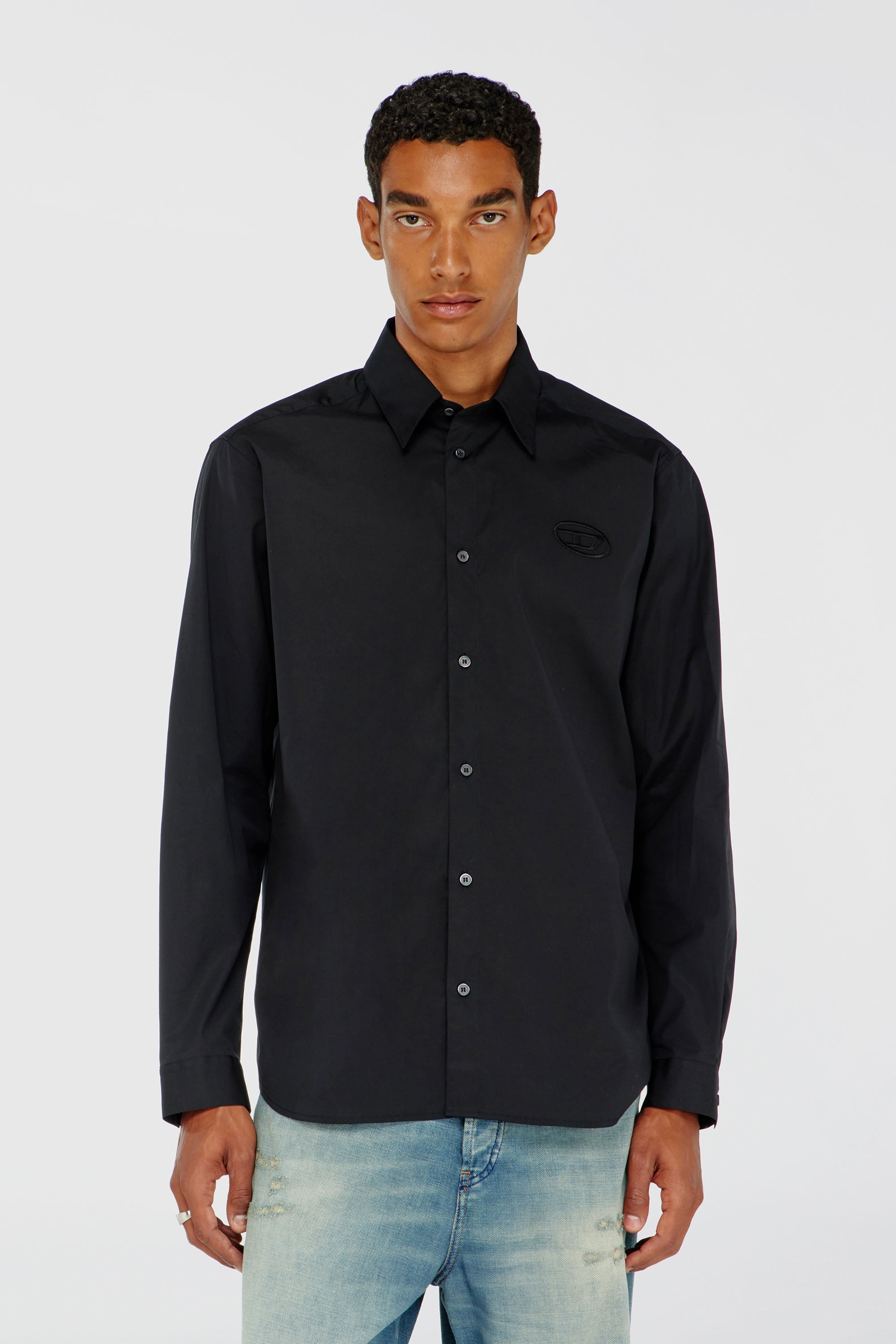 Diesel - S-SIMPLY-GSBH, Camisa de popelina el&aacute;stica con bordado Hombre in Negro - 1