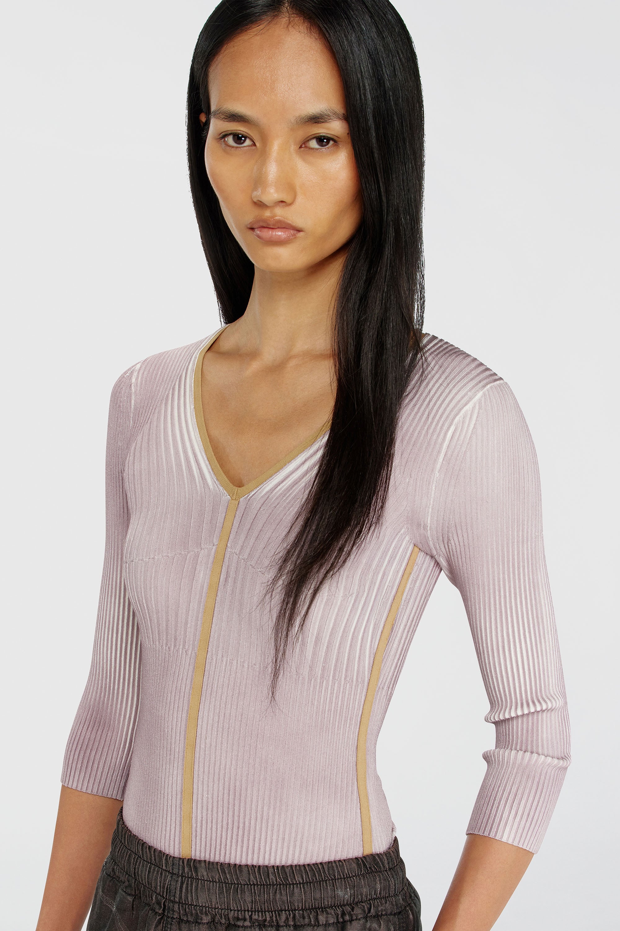 Diesel - M-SARMANI, Woman's Ribbed V-neck jumper with contrast bands in Lilac - 4
