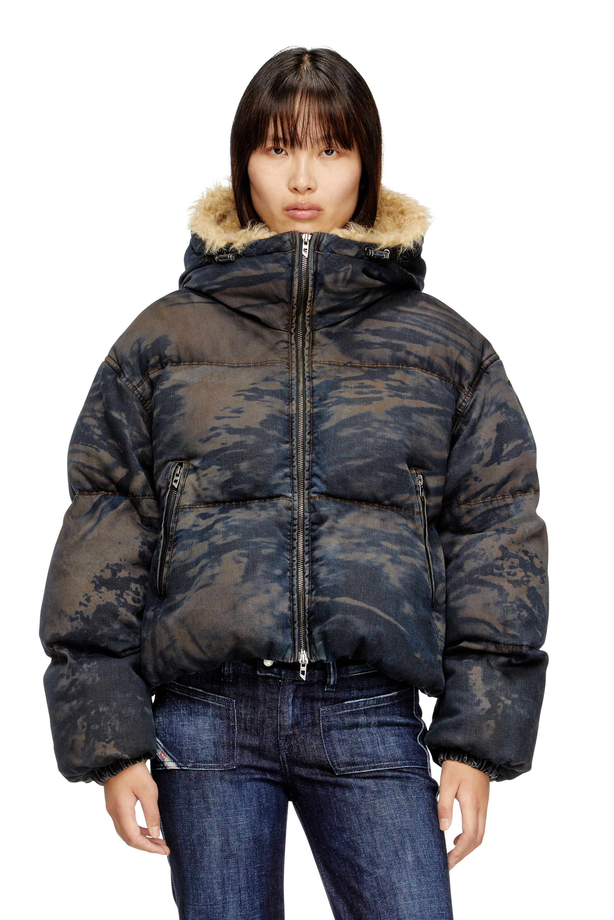 Diesel - W-AVES-FUR, Doudoune à capuche en denim camouflage effet sali Femme in Polychrome - 1
