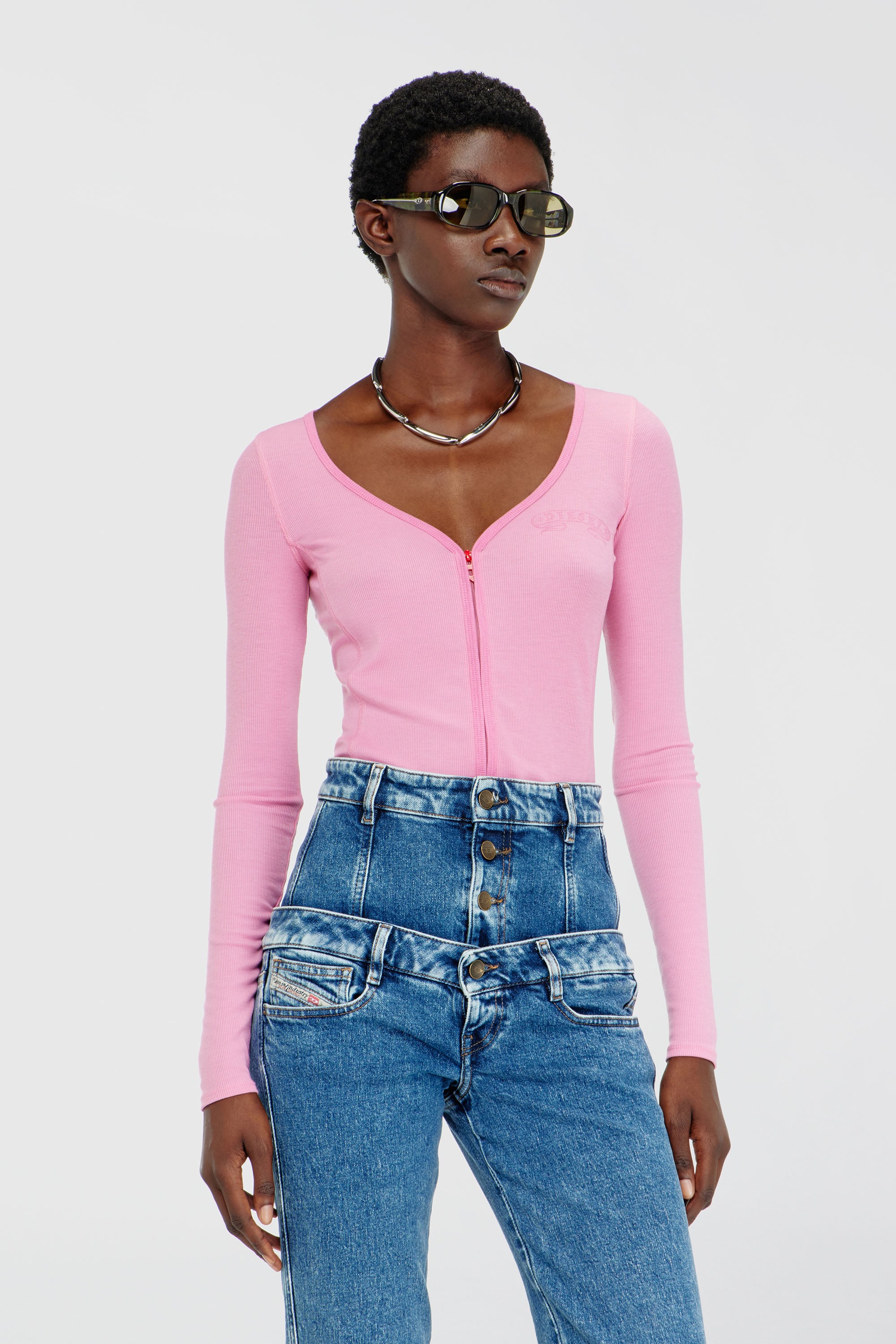 Diesel - T-RIBI-LS-AA1, Woman's Slim V-neck lyocell top with zip in Pink - 1
