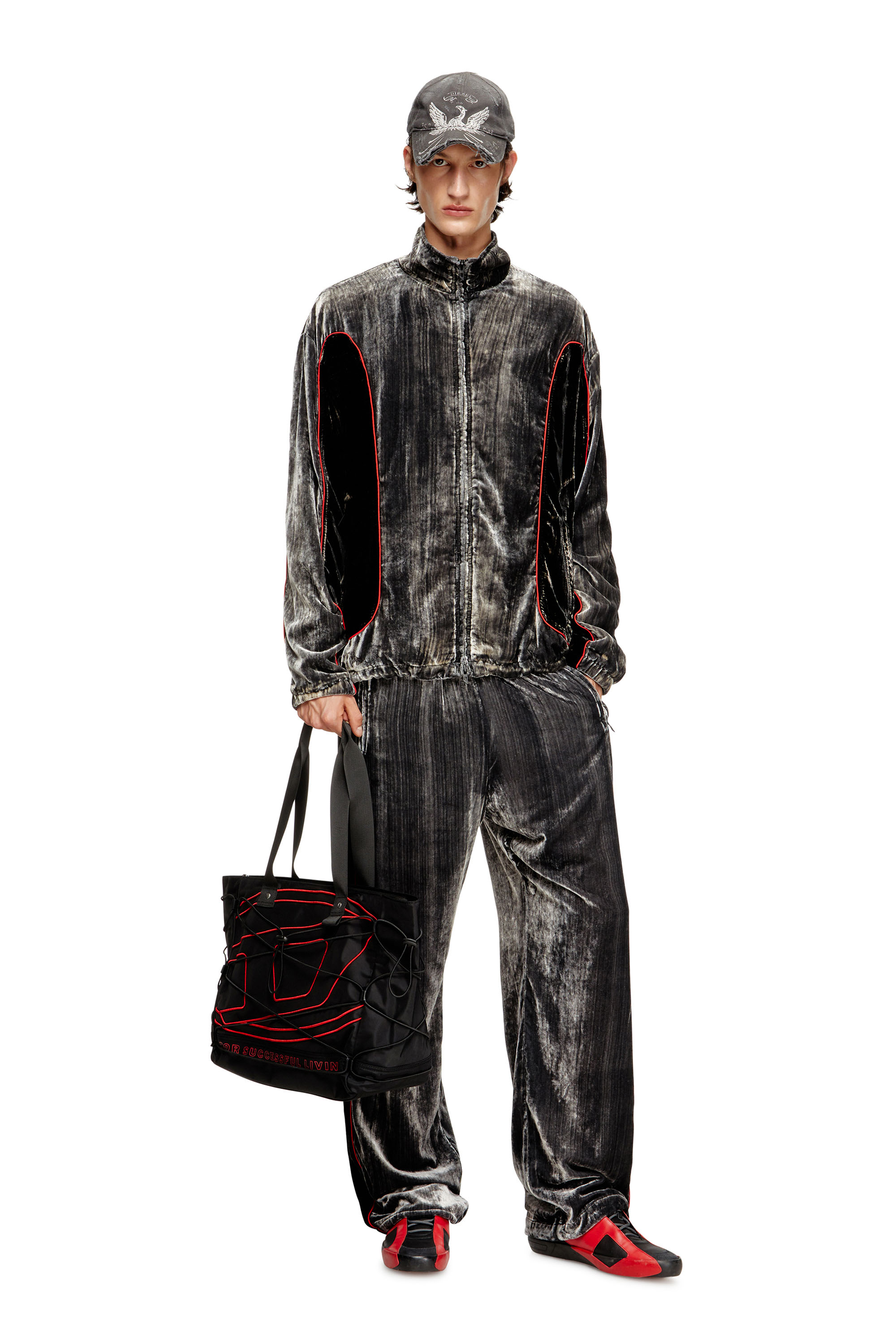 Diesel - J-HAY, Male's Track jacket in treated velvet in Black/Red - 2