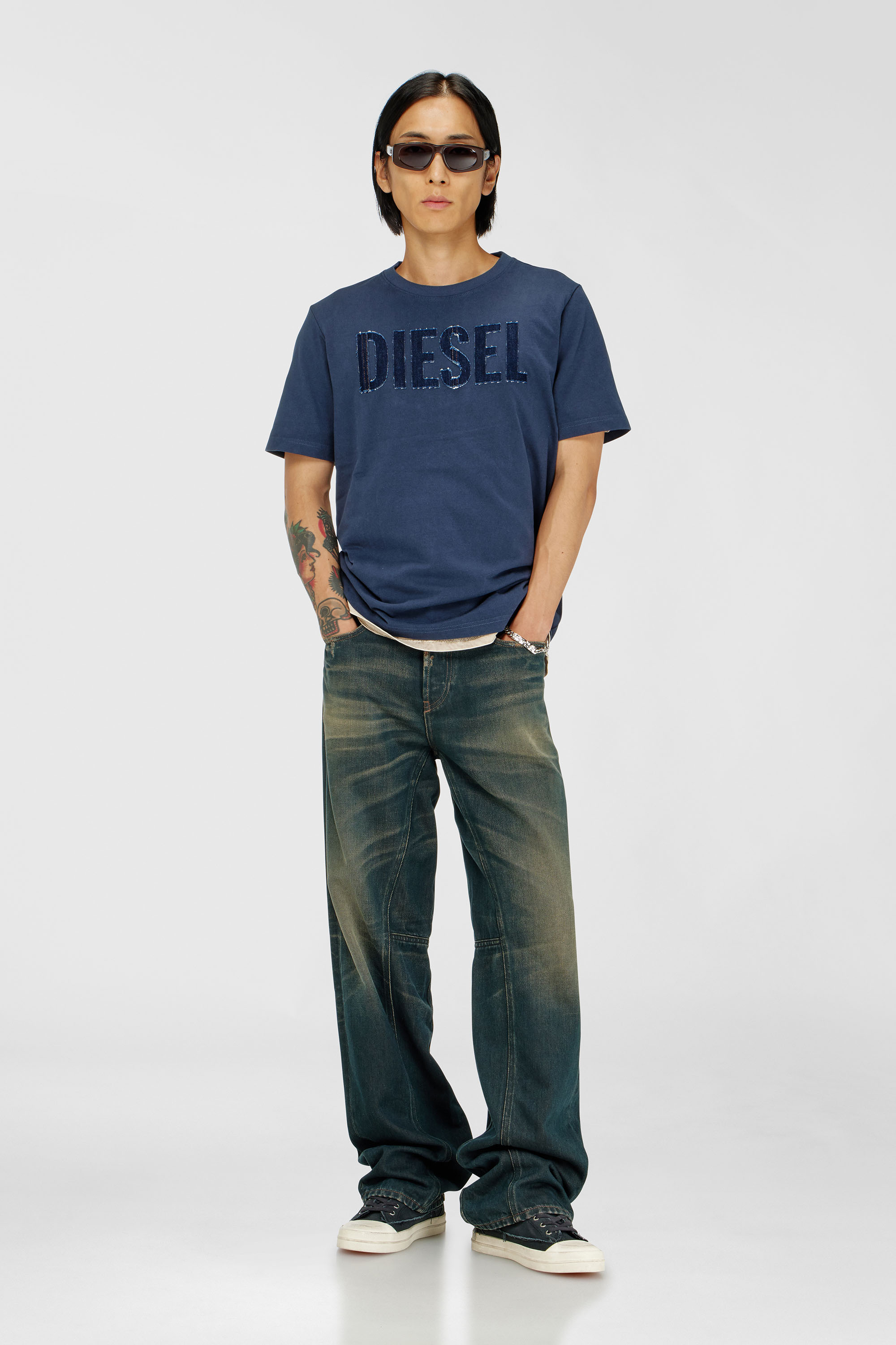 Diesel - T-JUST-APP-T92, Man's Cotton T-shirt with tonal Diesel logo print in Navy Blue - 2