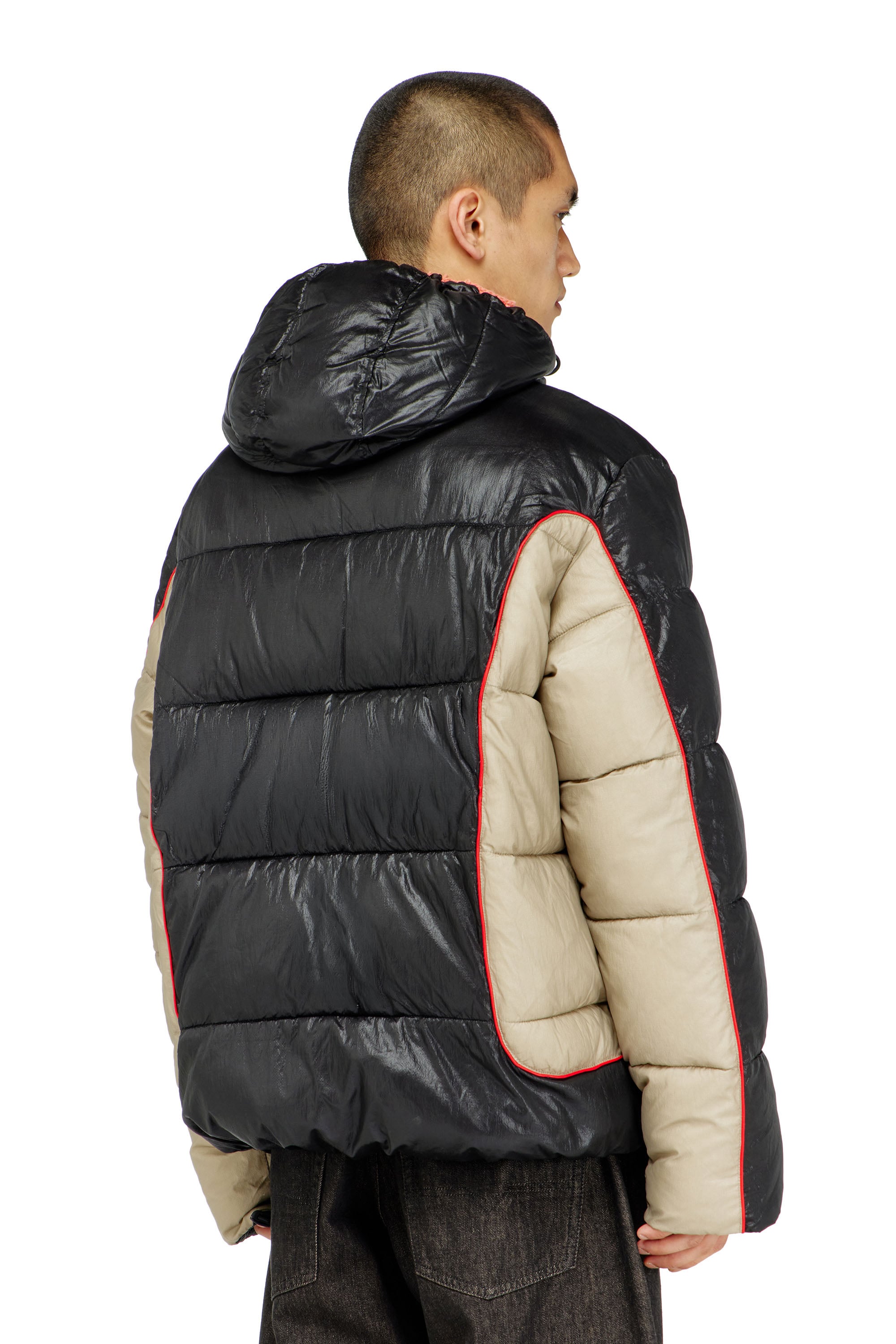 Diesel - W-OSTEND, Man's Hooded puffer jacket in shiny ripstop in Black/Beige - 5