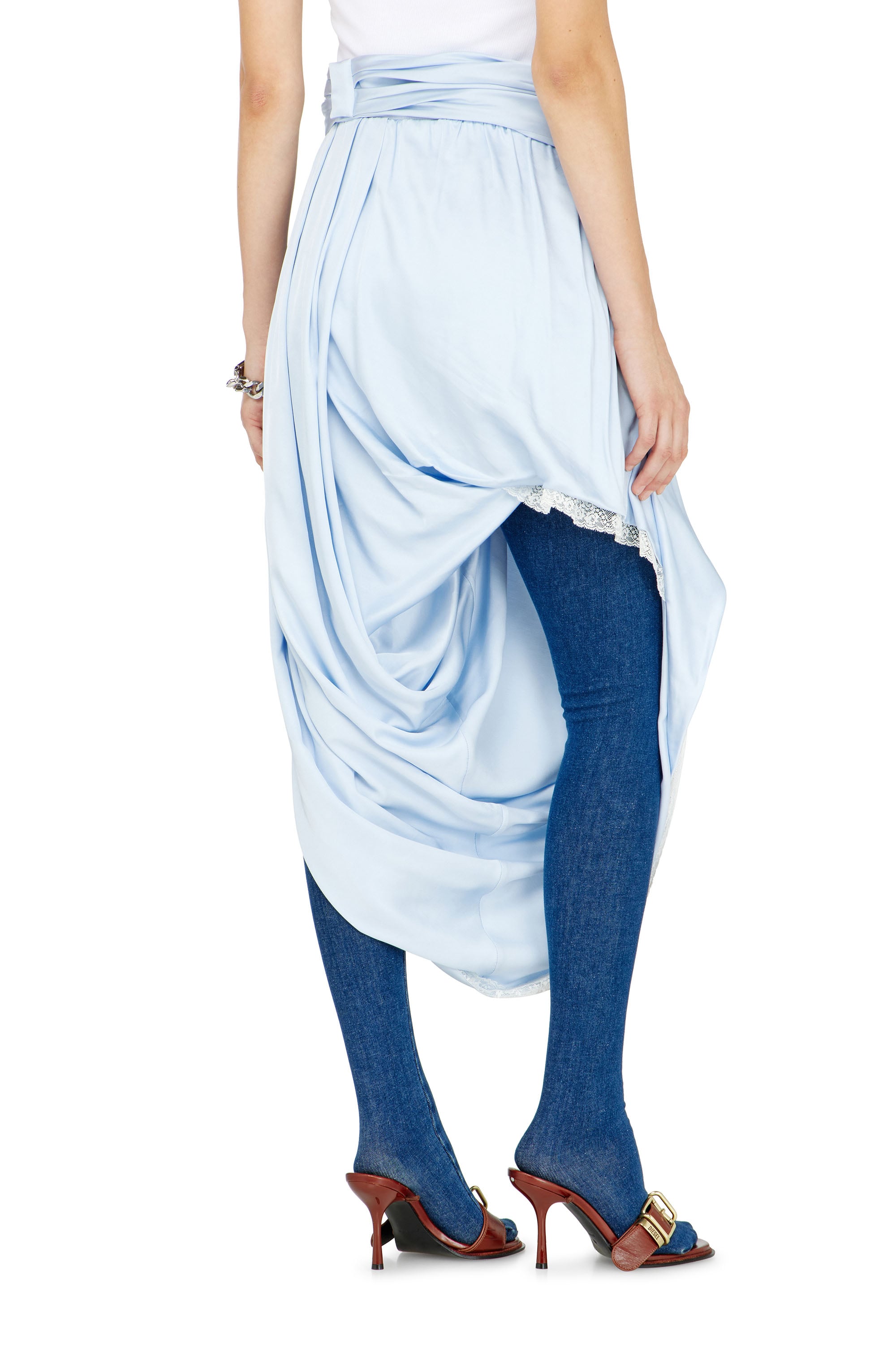 Diesel - O-WANDA, Woman's Draped satin midi skirt with lace trim in Azure - 3