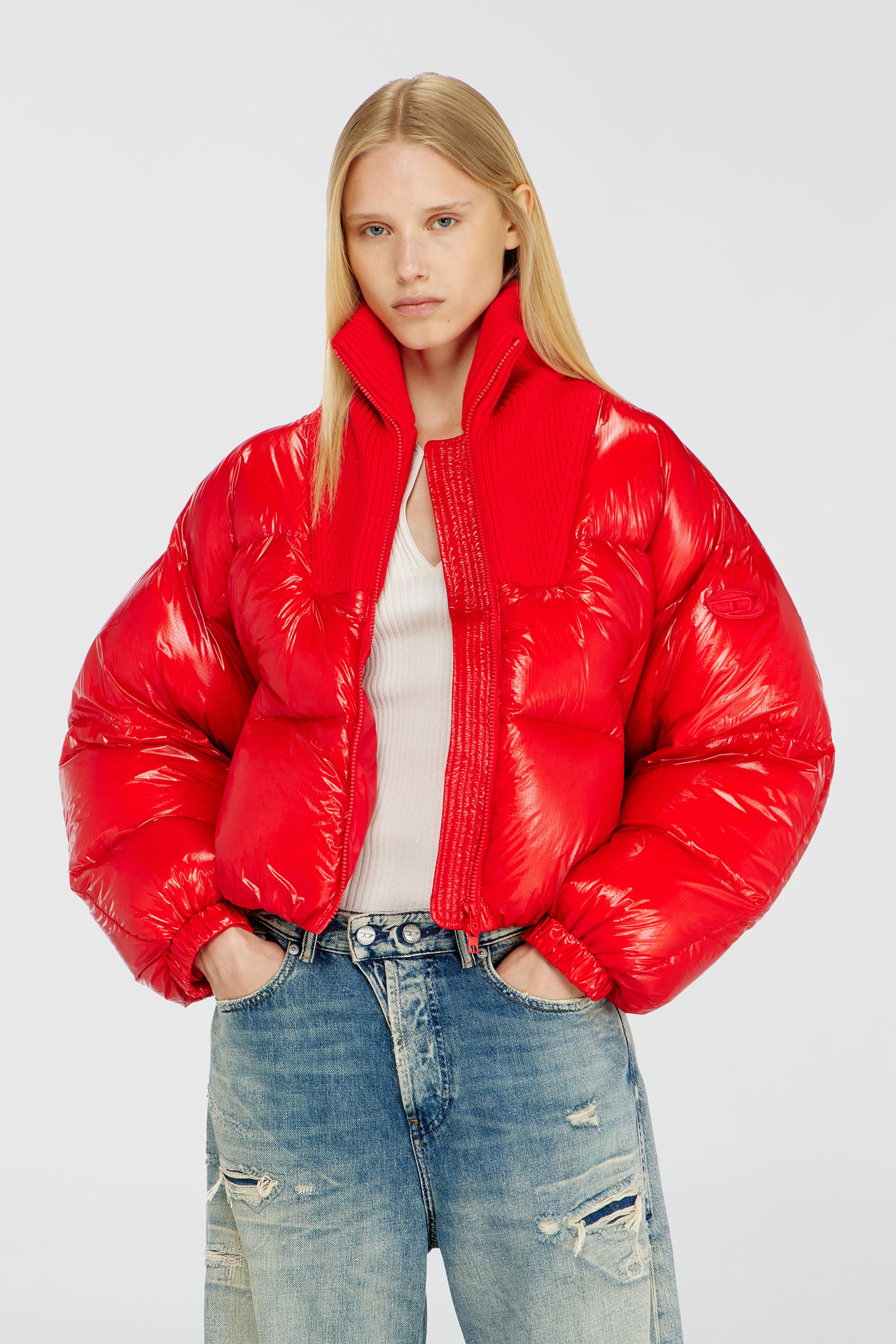 Diesel - W-ARRIOR, Chaqueta acolchada down en ripstop con cuello de punto Mujer in Rojo - 1