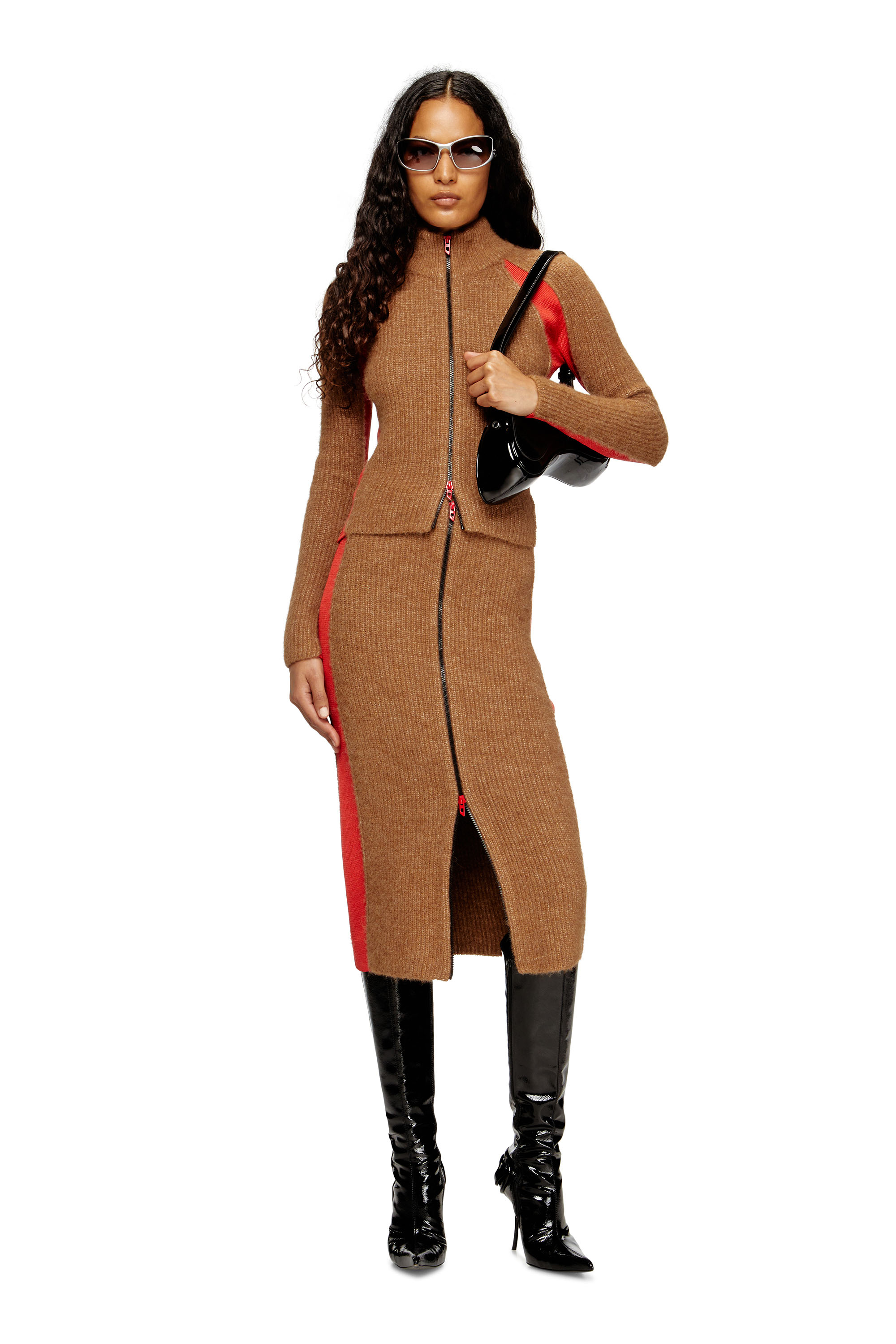 Diesel - M-LOUSI, Jupe midi en alpaga avec zip frontal Femme in Marron - 2