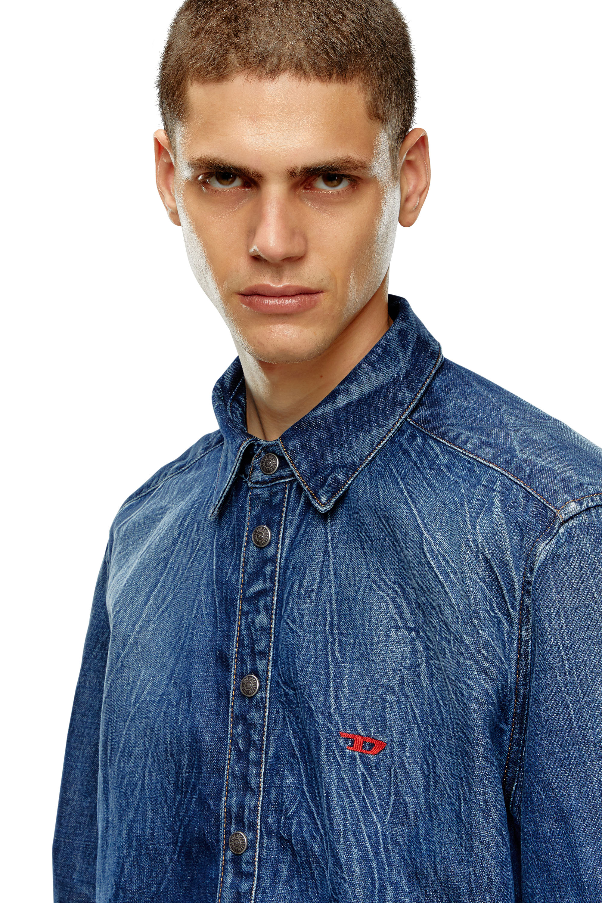 Men's Stretch denim shirt with 3D whiskers | Blue | Diesel