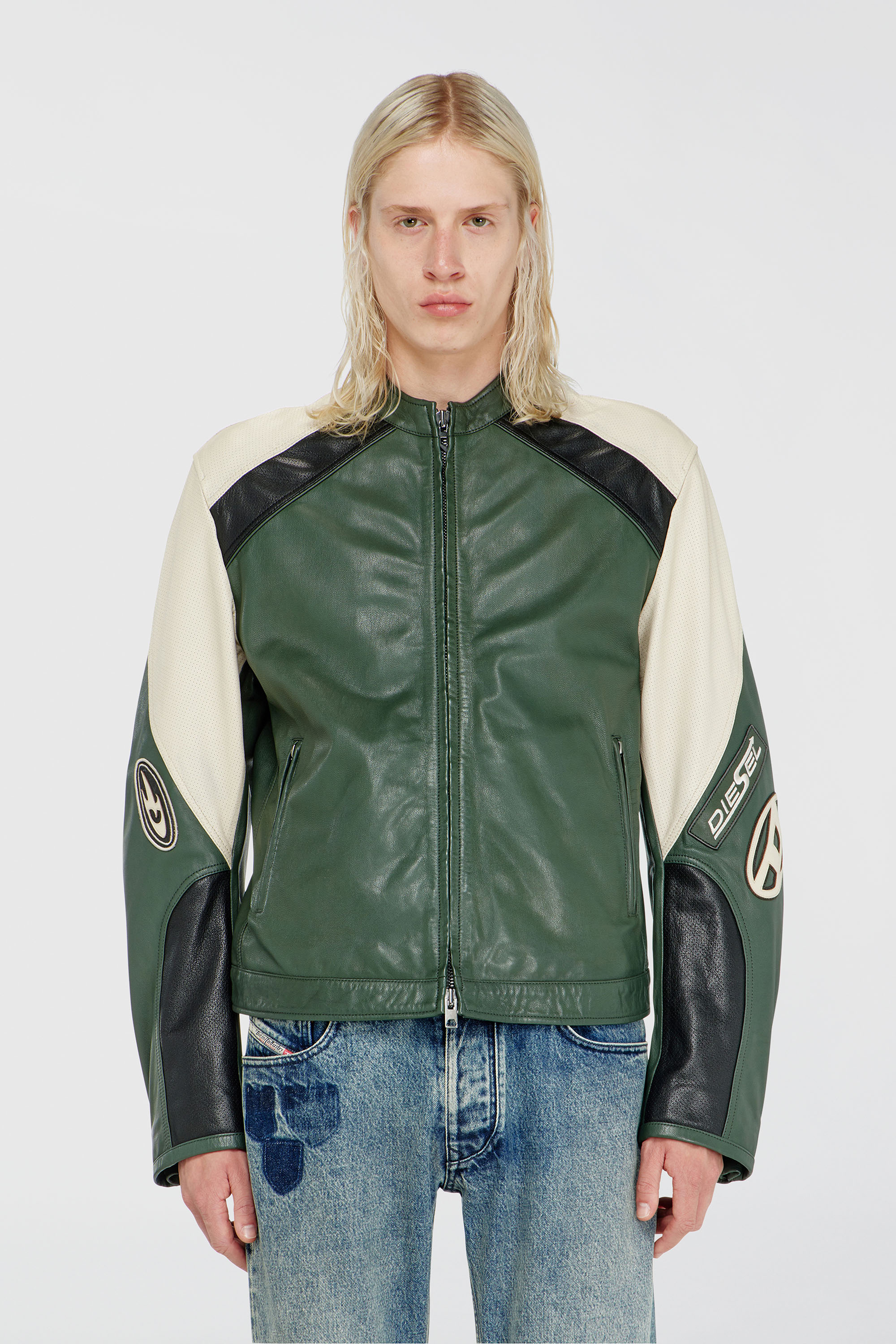 Diesel - L-AHTI, Male's Biker jacket in colour-block perforated leather in Beige/Black - 6