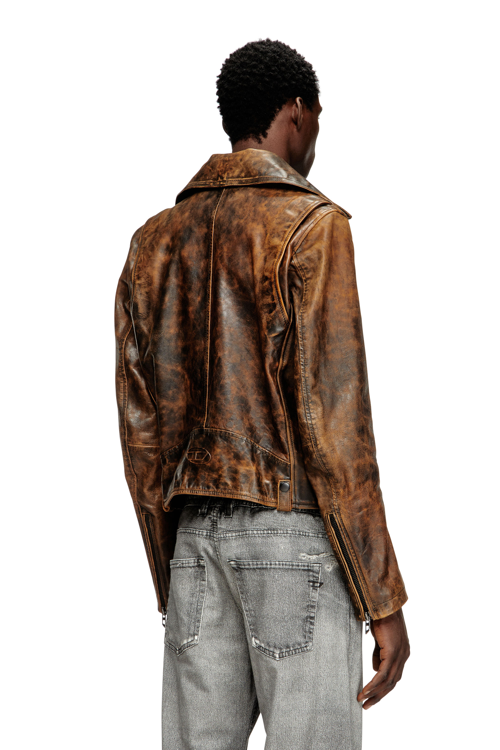 Diesel - L-EON, Male's Biker jacket in treated leather in Brown - 4