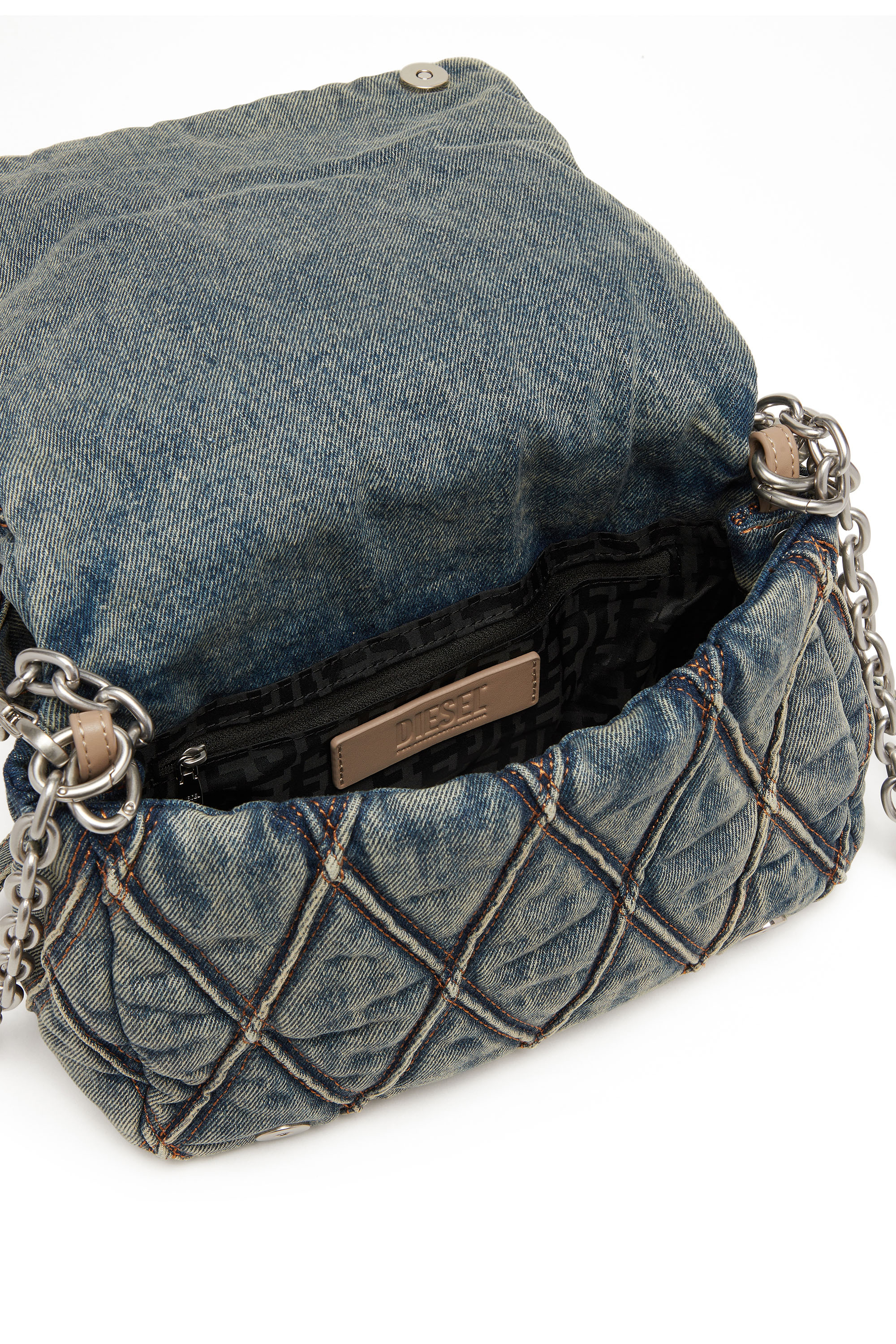 Diesel - CHARM-D SHOULDER M, Female's Charm-D M-Handbag in quilted denim in Medium Blue - 3