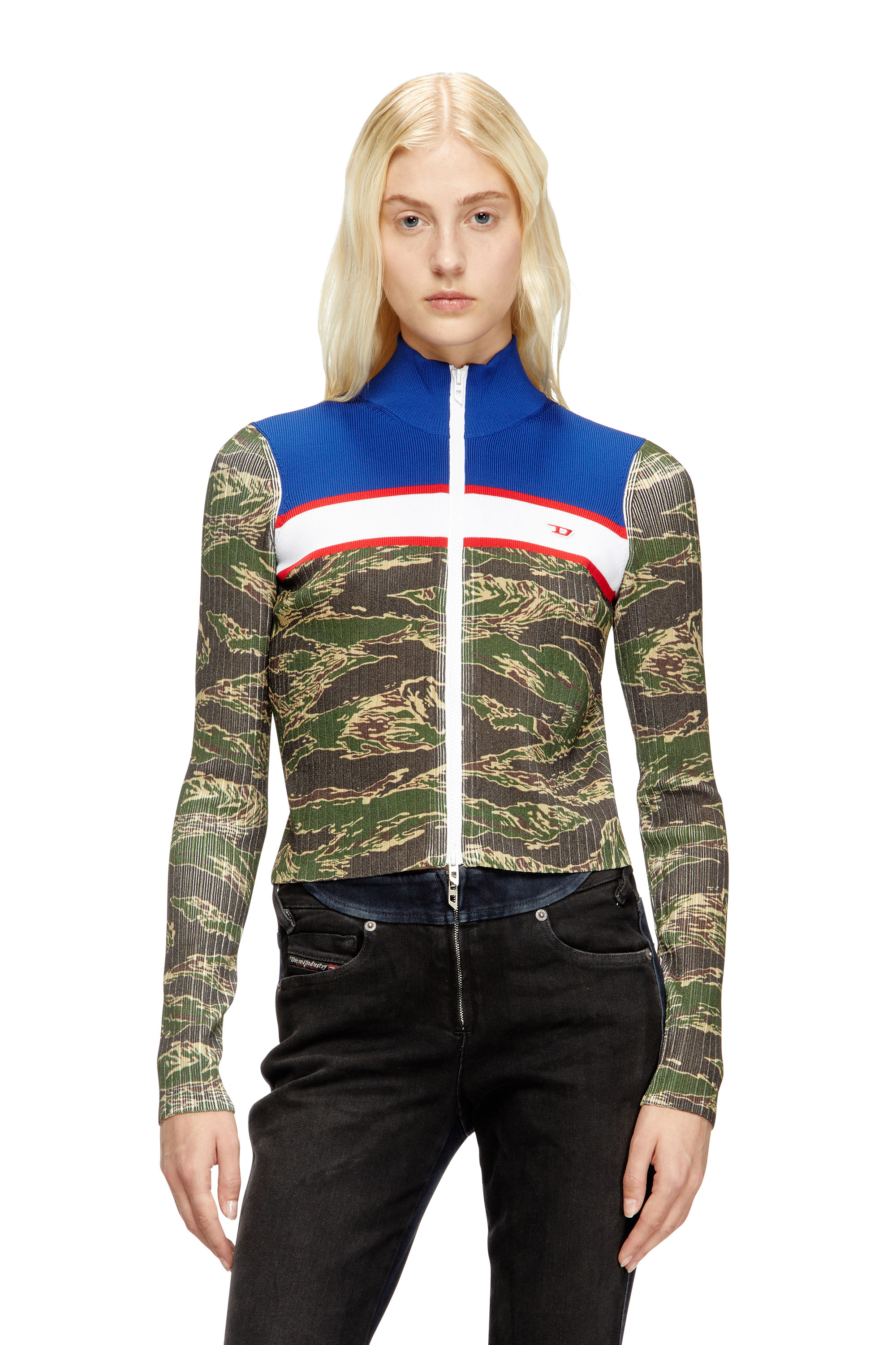 Diesel - M-CAMUT, Woman's Camo zip sweater in ribbed viscose in Blue/Green - 1