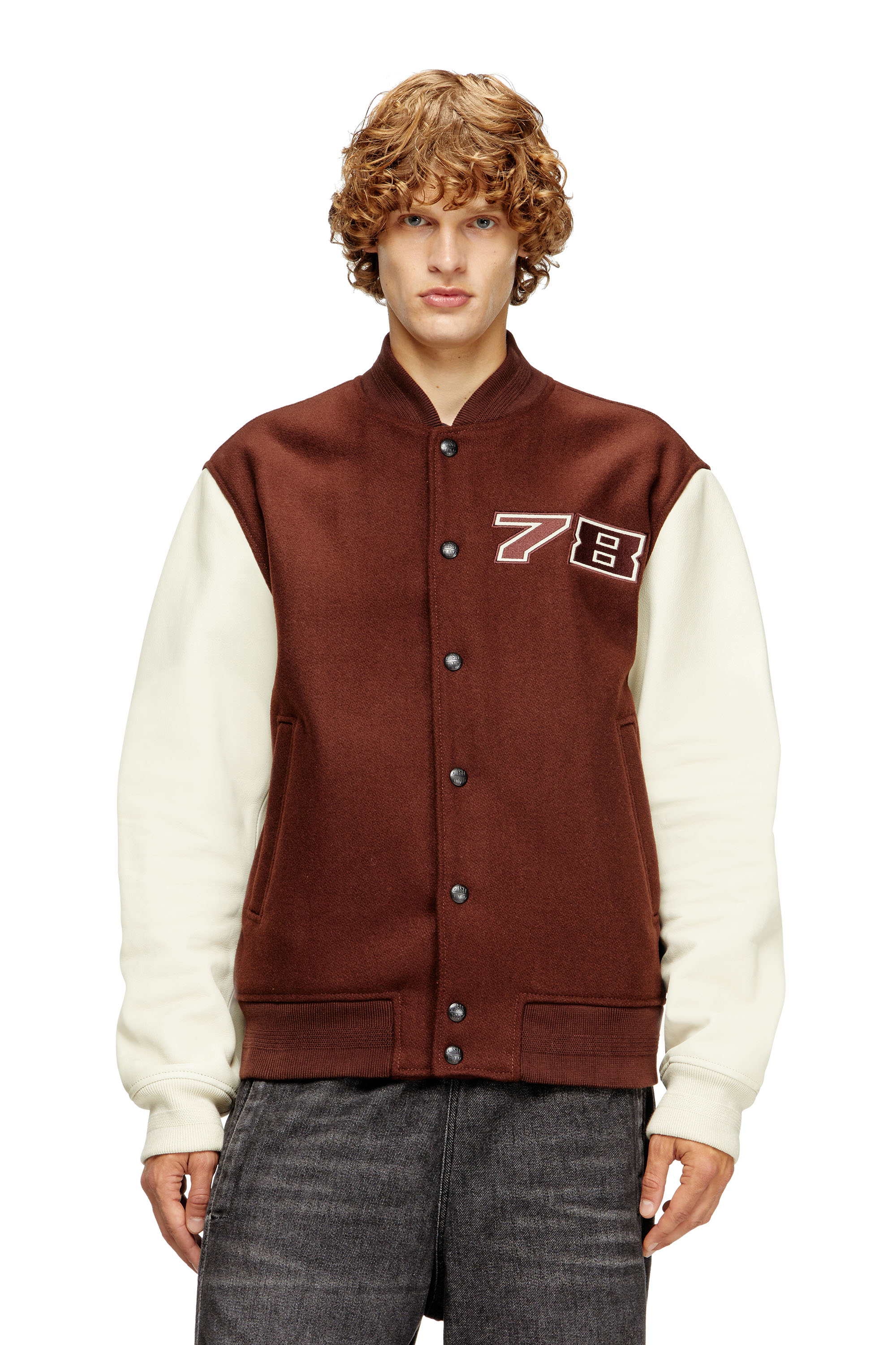 Diesel - L-KOPF, Male's Padded bomber jacket in wool and leather in Brown - 1