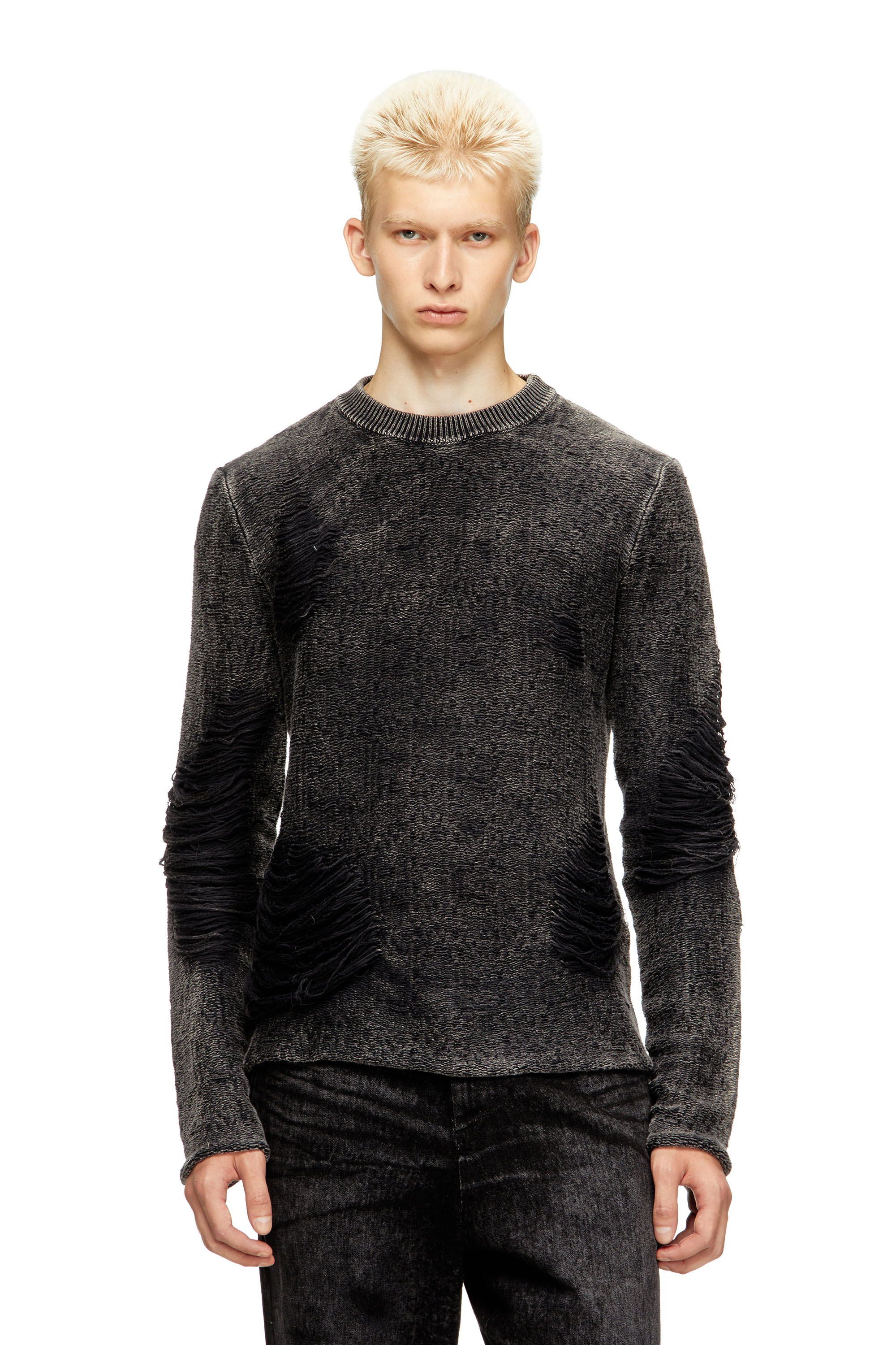 Diesel - K-FJORDI-ROUND, Male's Destroyed jumper with floating yarns in Black - 1