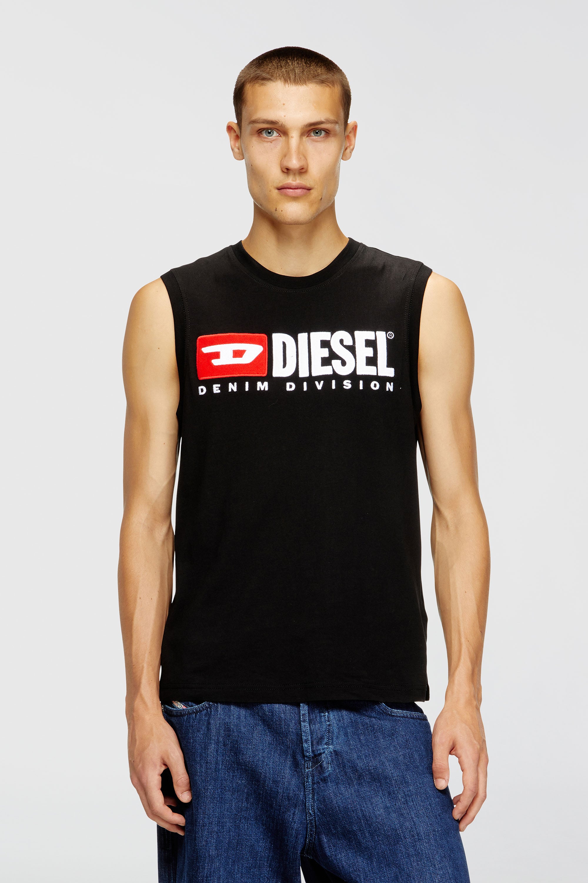 Diesel - T-ISCO-DIV, D&eacute;bardeur avec logo imprim&eacute; sur le devant Homme in Noir - 1