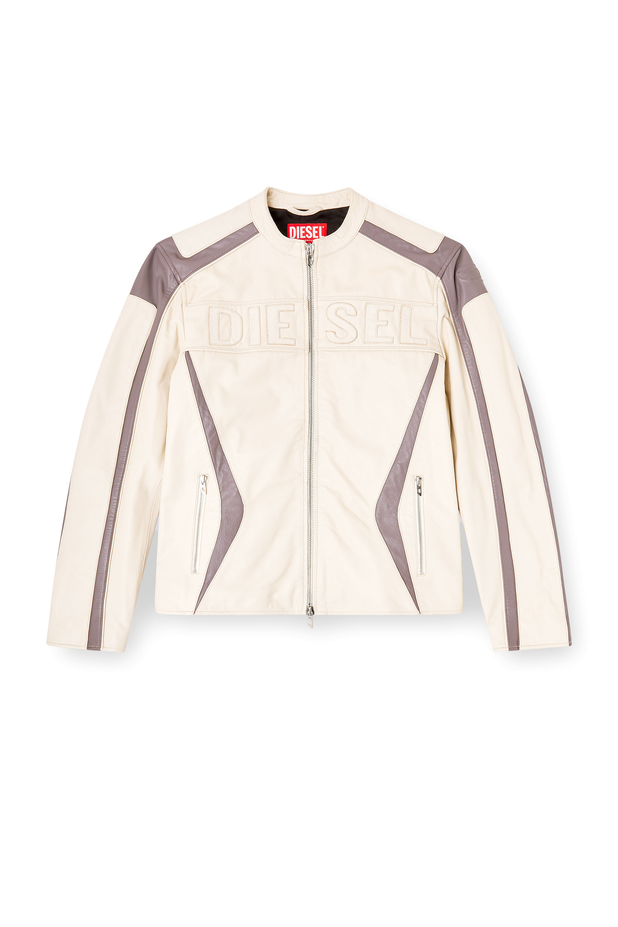 Diesel - L-ADAM, Man's Colour-block leather biker jacket in Beige/Grey - 3