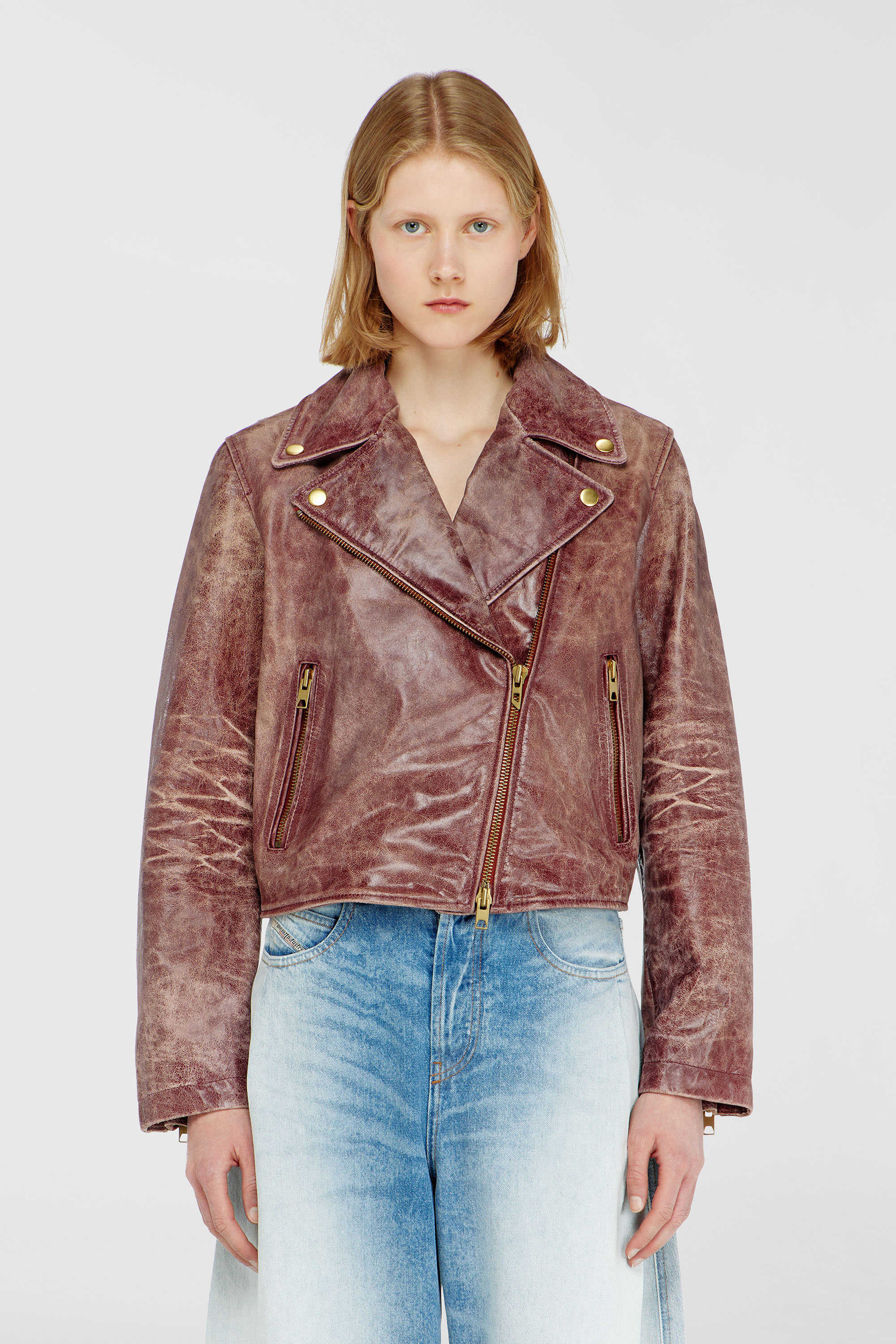 Diesel - L-UNATIC-T1, Woman's Biker jacket in treated leather in Brown - 6