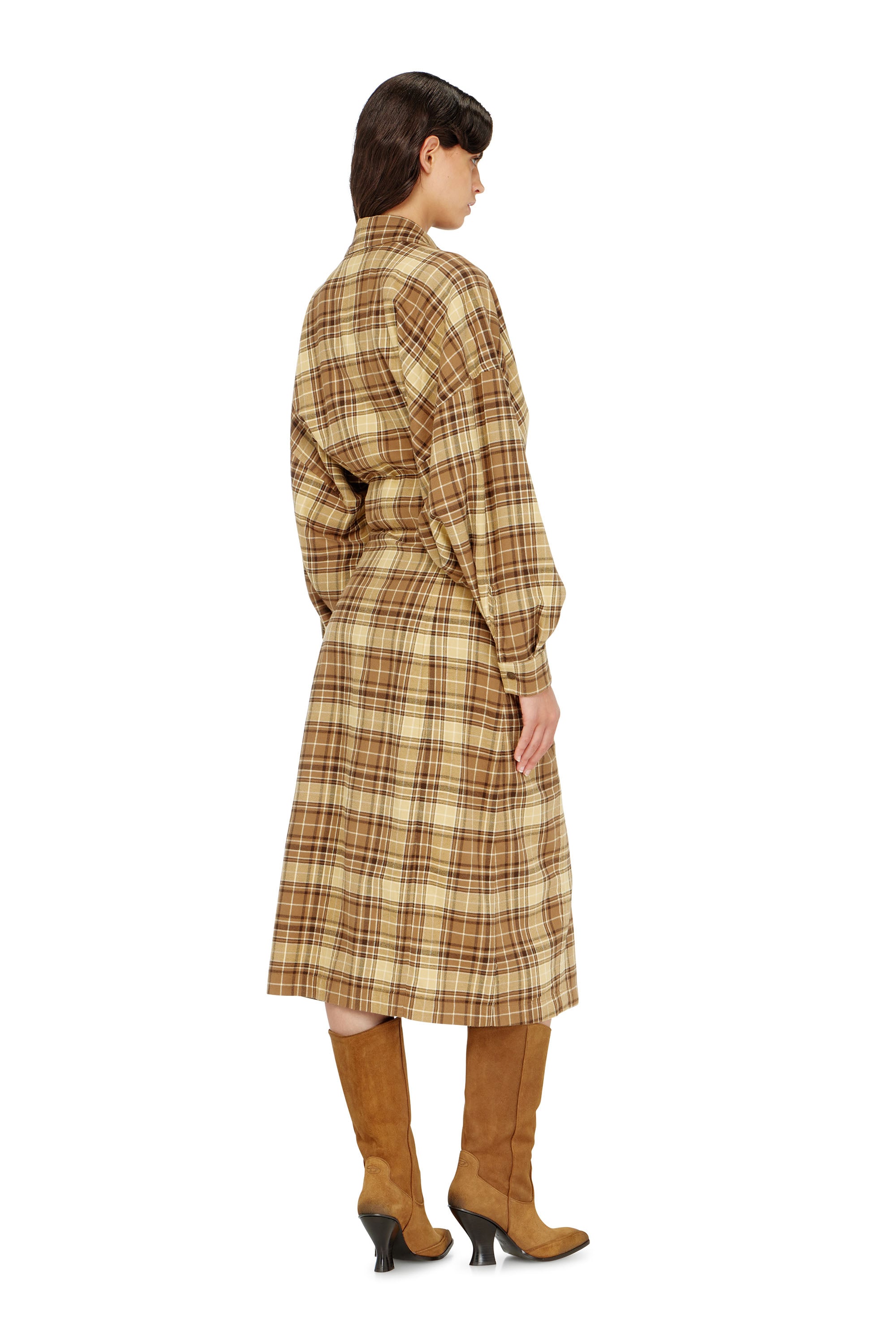 Diesel - D-EDALUS, Woman's Midi dress in check flannel with wide belt in Brown/Yellow - 4