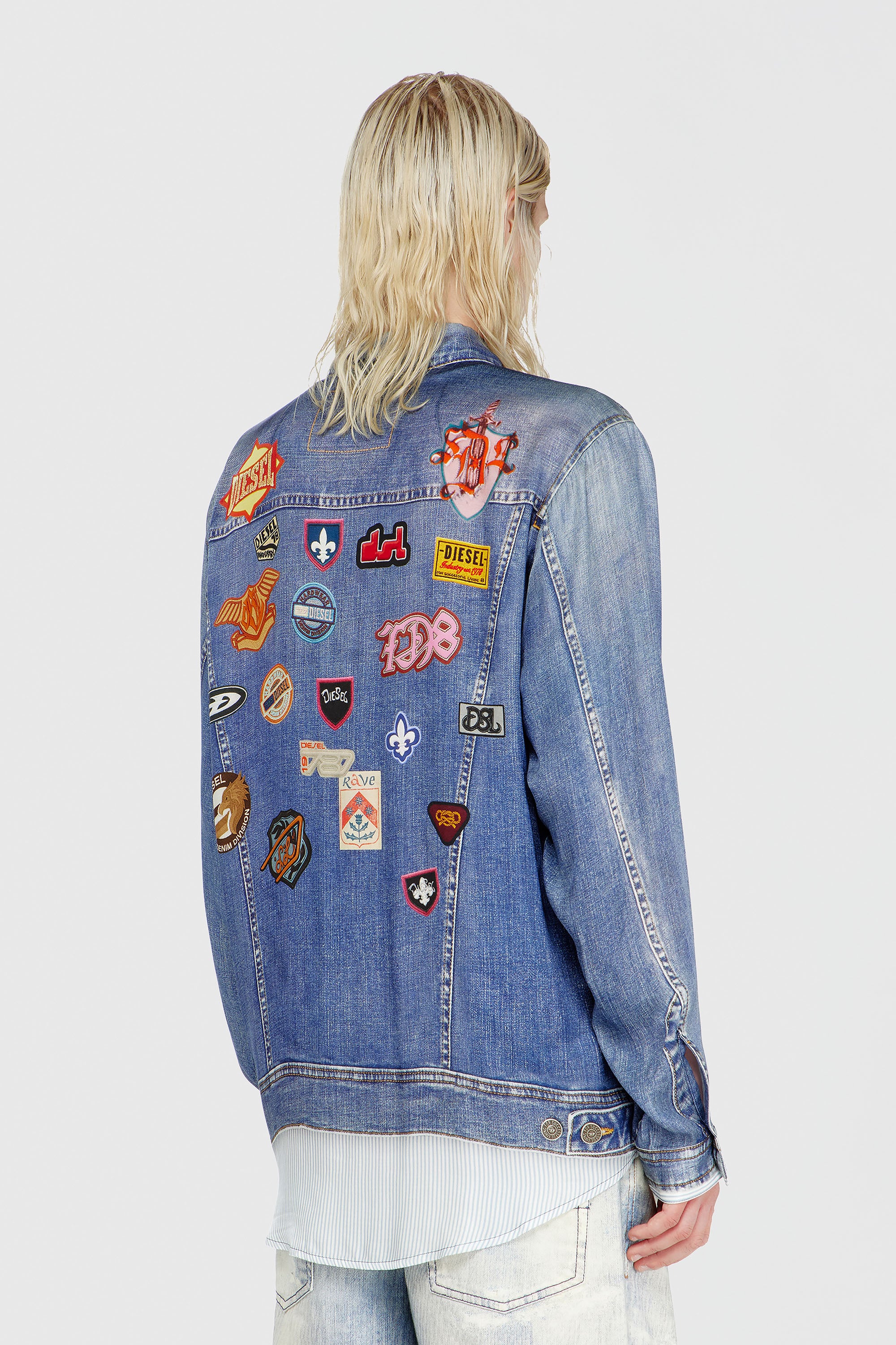 Diesel - S-SIMPLY-PATCH, Male's Satin shirt with trompe-l'oeil denim print in Medium Blue - 2