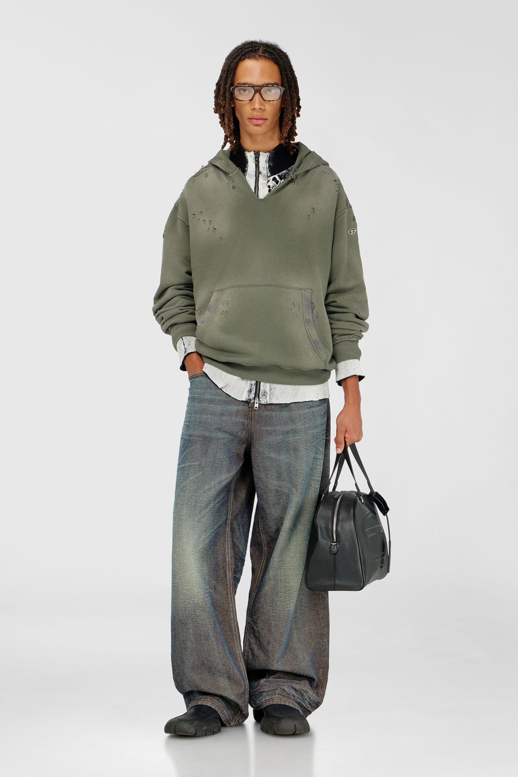 Diesel - S-KEITHY, Man's Distressed hoodie with V-neck in Grey - 2