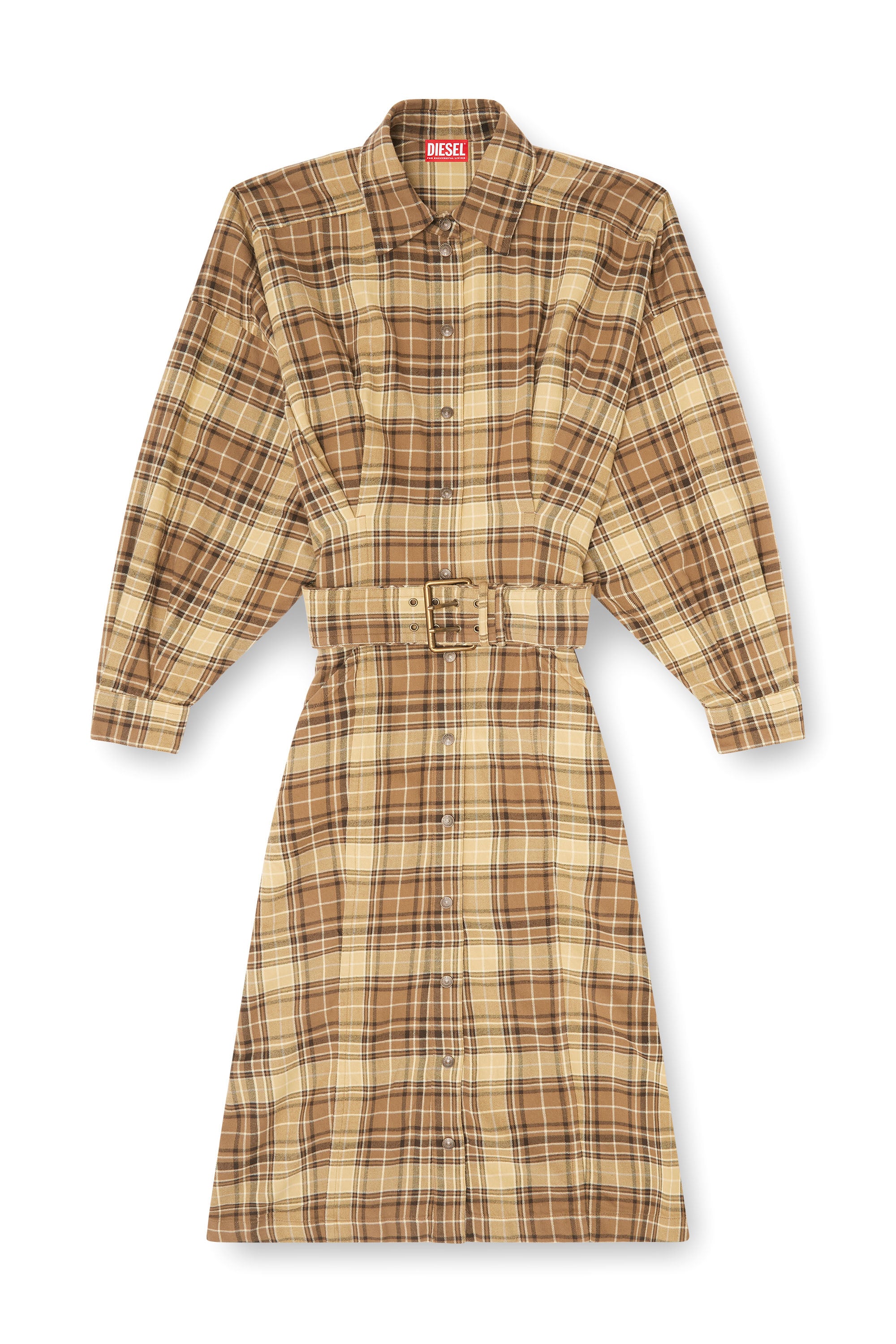 Diesel - D-EDALUS, Woman's Midi dress in check flannel with wide belt in Brown/Yellow - 3