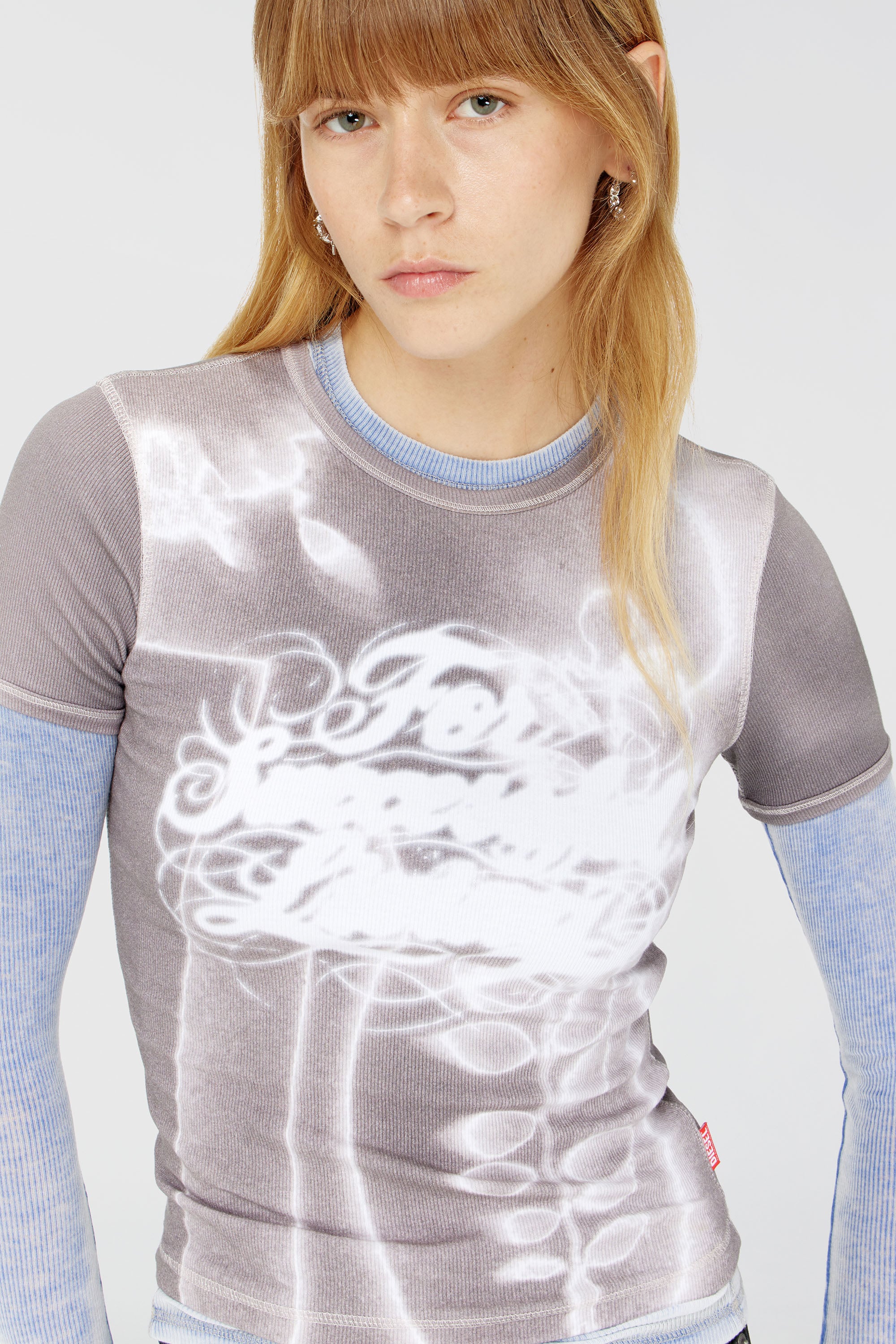 Diesel - T-ELE-LONG-AA4, Woman's Top in ribbed jersey with graphic print in Grey - 4