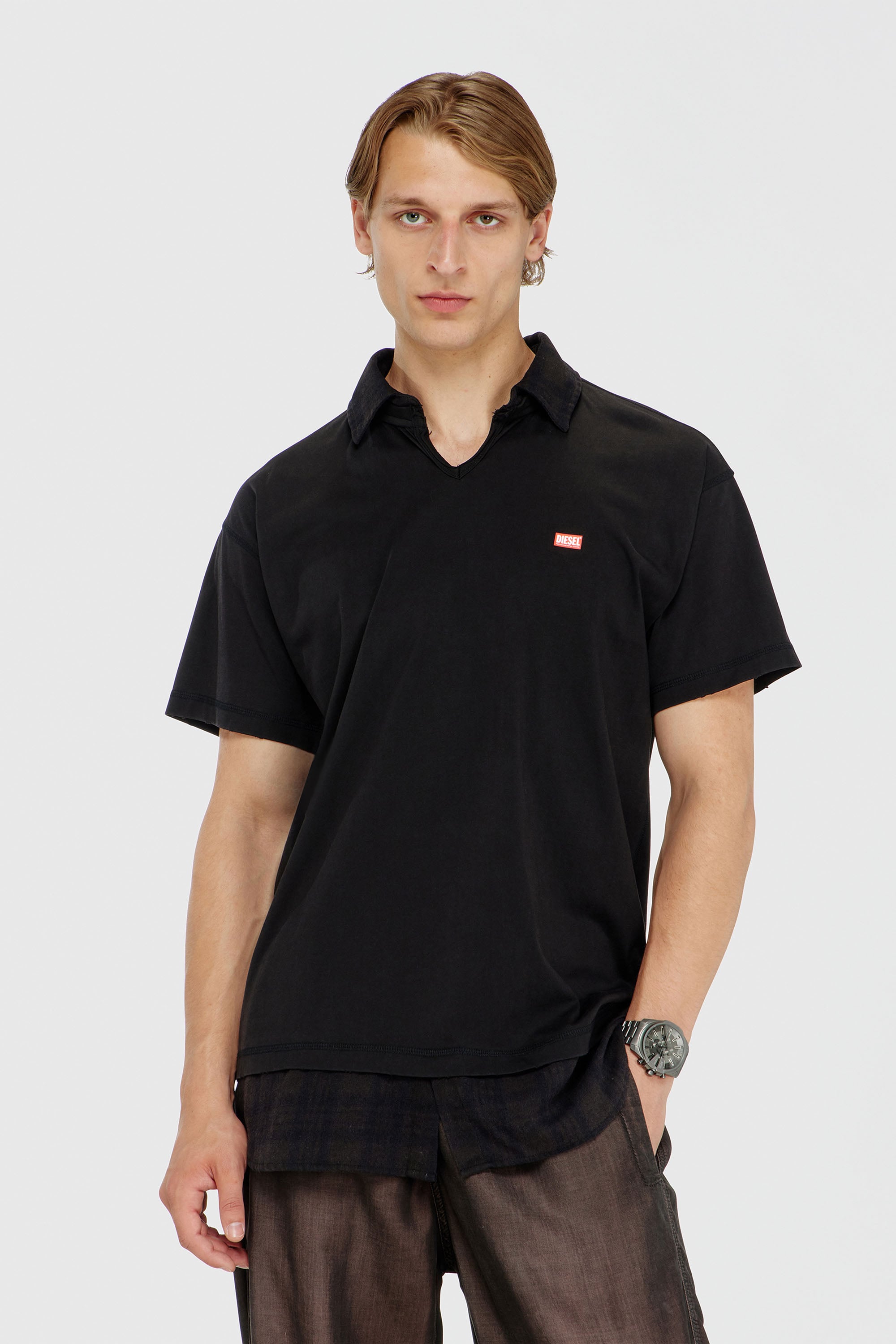 Diesel - T-ANSEL, Polo de punto con detalles de franela a cuadros Hombre in Negro - 3