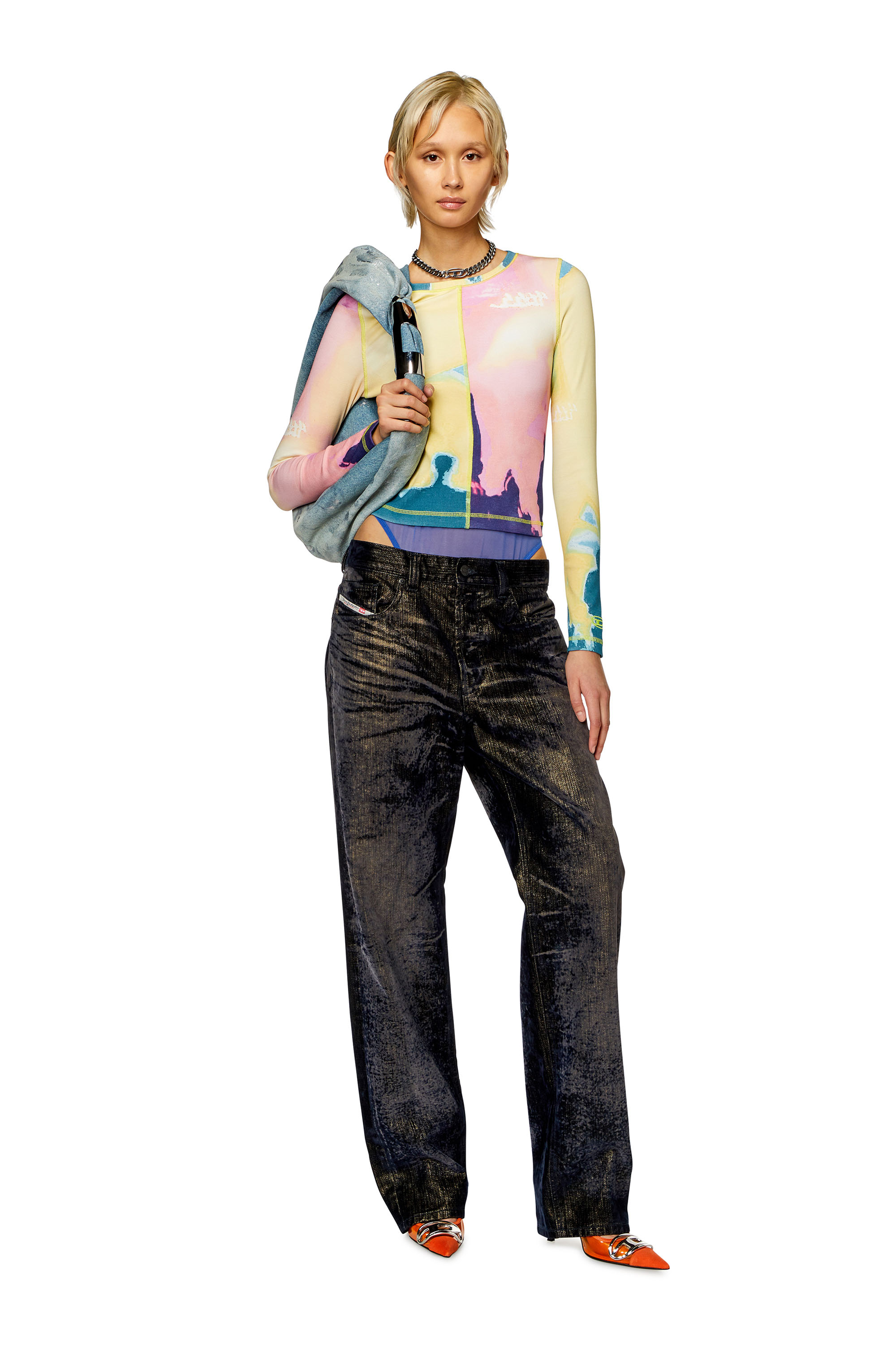 Diesel - T-BANES, Woman's Panelled top with multicoloured print in Yellow/Pink - 1