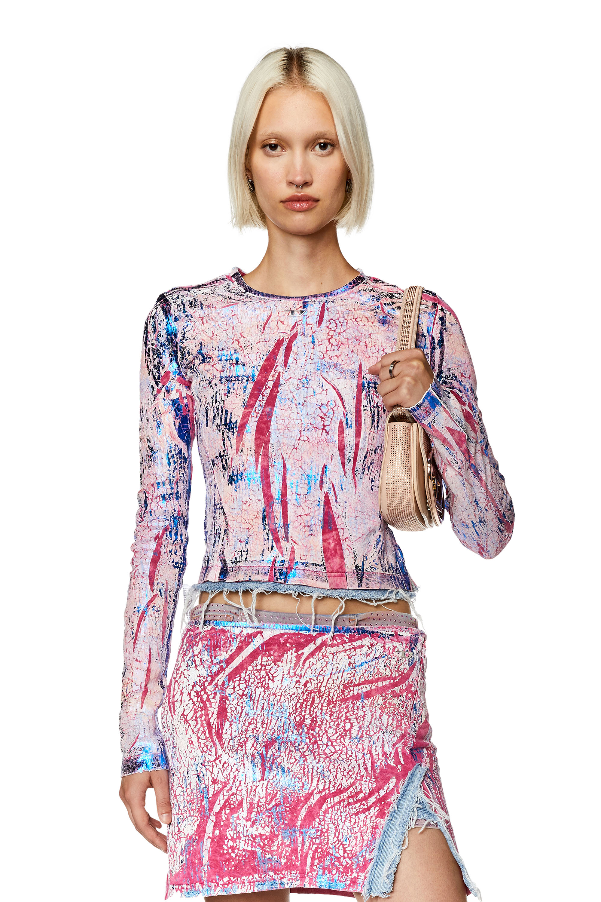 Diesel - T-HOPE, Woman's Overprinted jersey top with frayed hem in Pink - 3