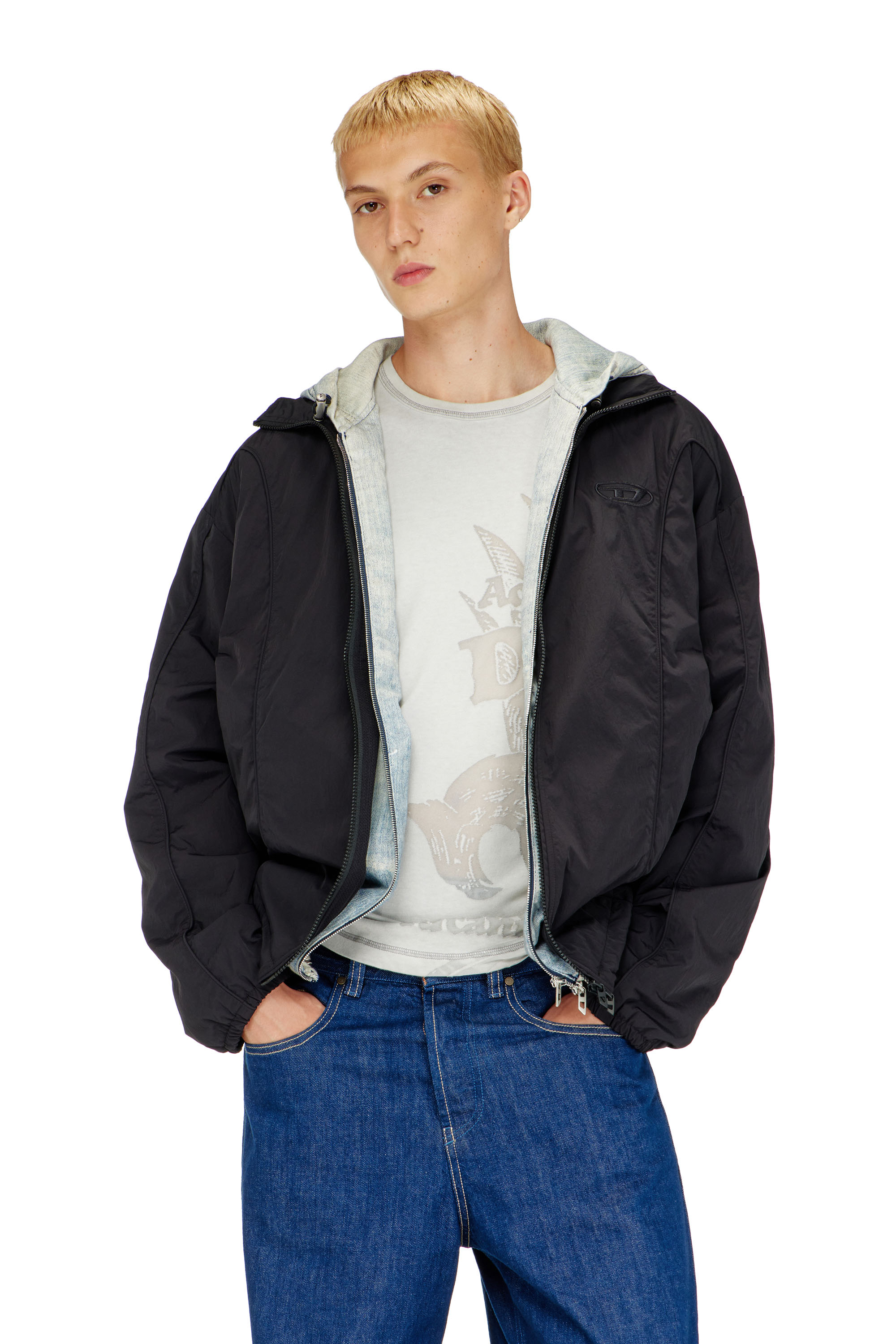 Diesel - J-FIVE-WRD-AKAD, Man's Crinkled-nylon jacket with piping in Black - 1