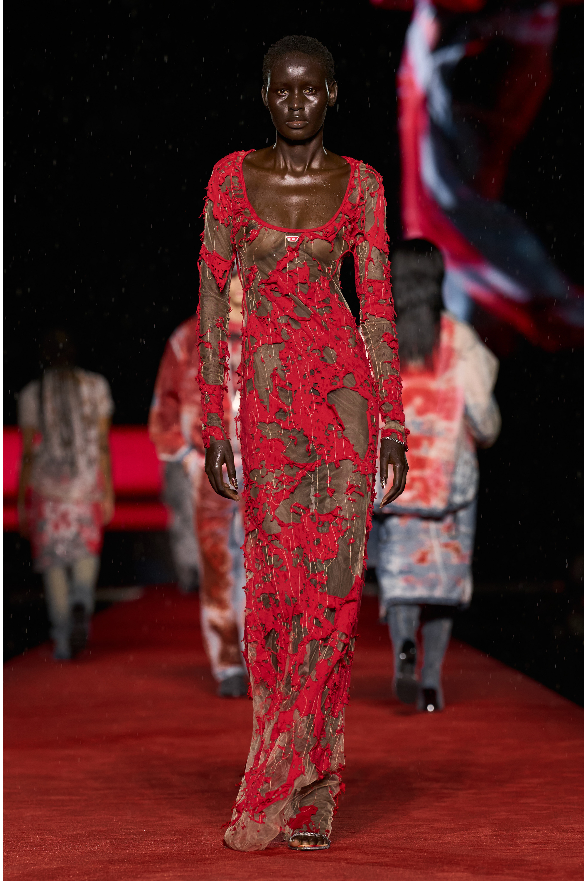 Diesel - D-LEA, Vestido largo dévoré en tul y tejido Mujer in Rojo - 6