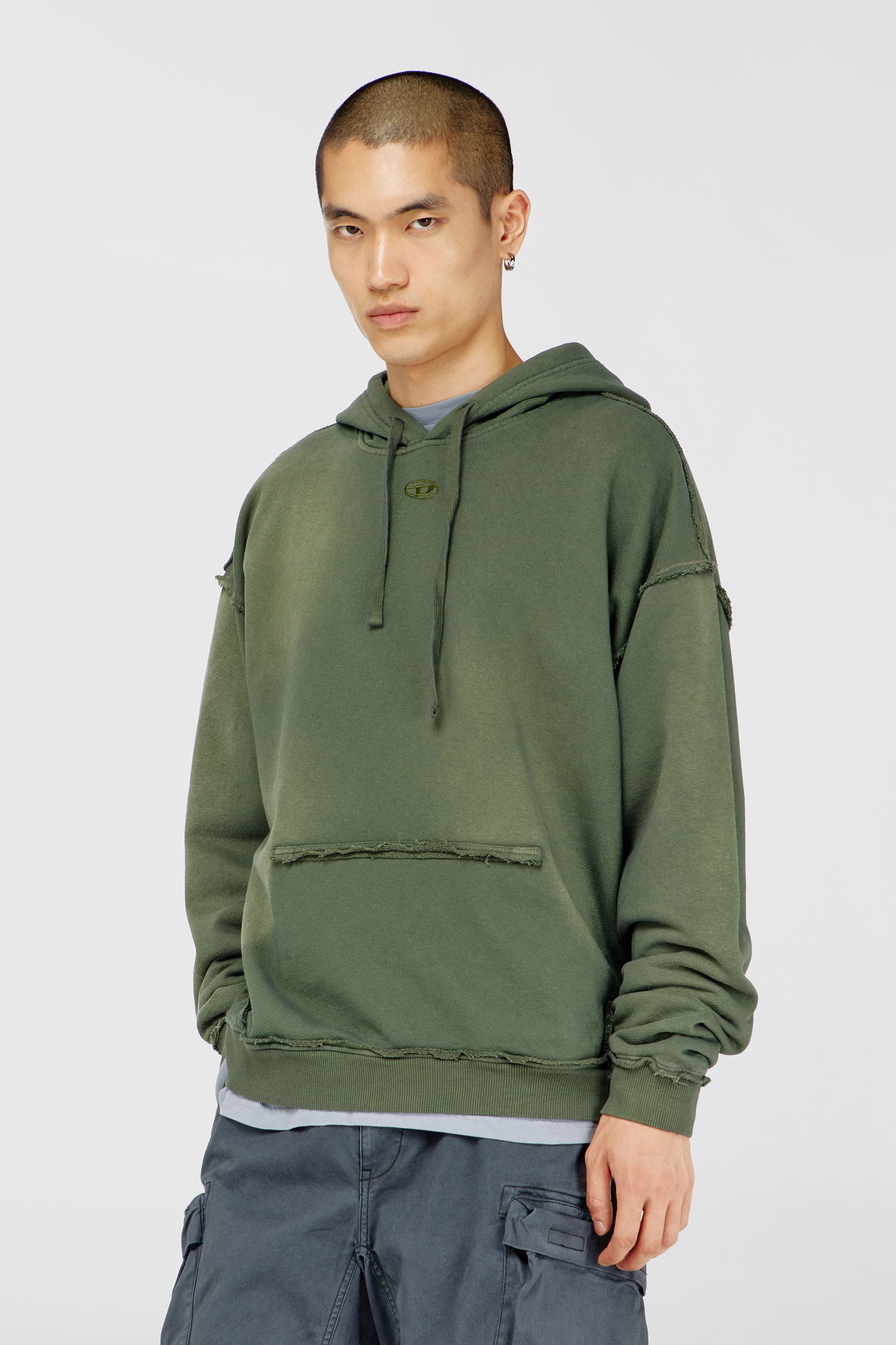 Diesel - S-POCK-HOOD, Male's Faded cotton hoodie with frayed details in Military Green - 1