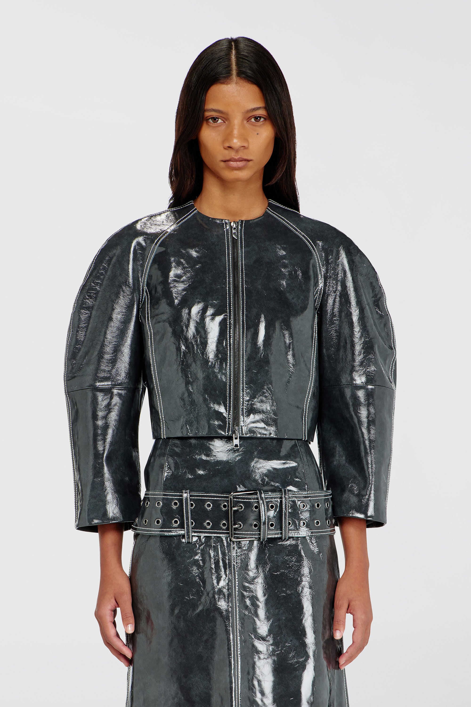 Diesel - L-ANDON, Chaqueta de charol con mangas tipo capullo Mujer in Gris - 1