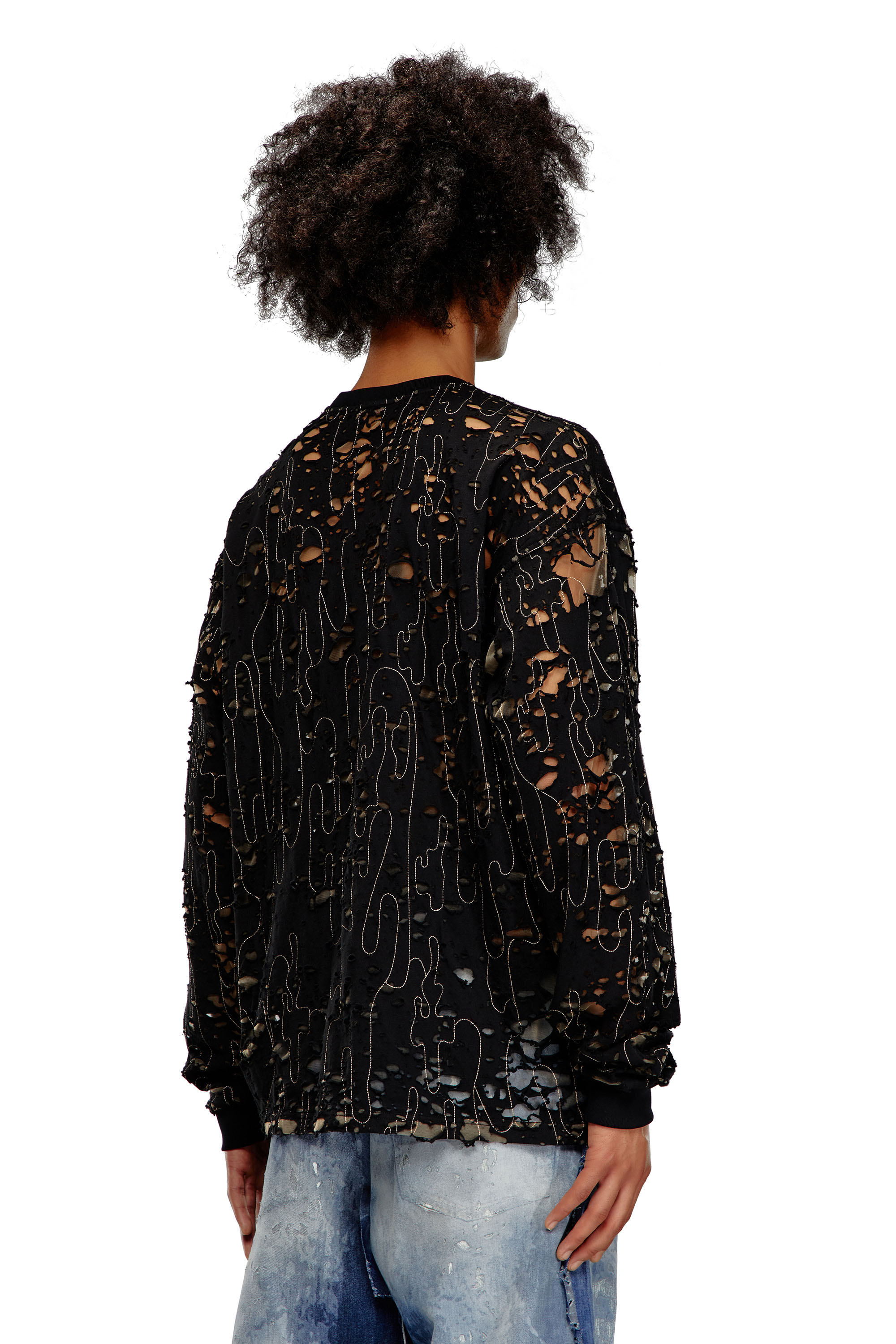 Diesel - T-BOXT-LS-DEVOR, T-shirt en tulle et jersey destroy Homme in Noir - 5