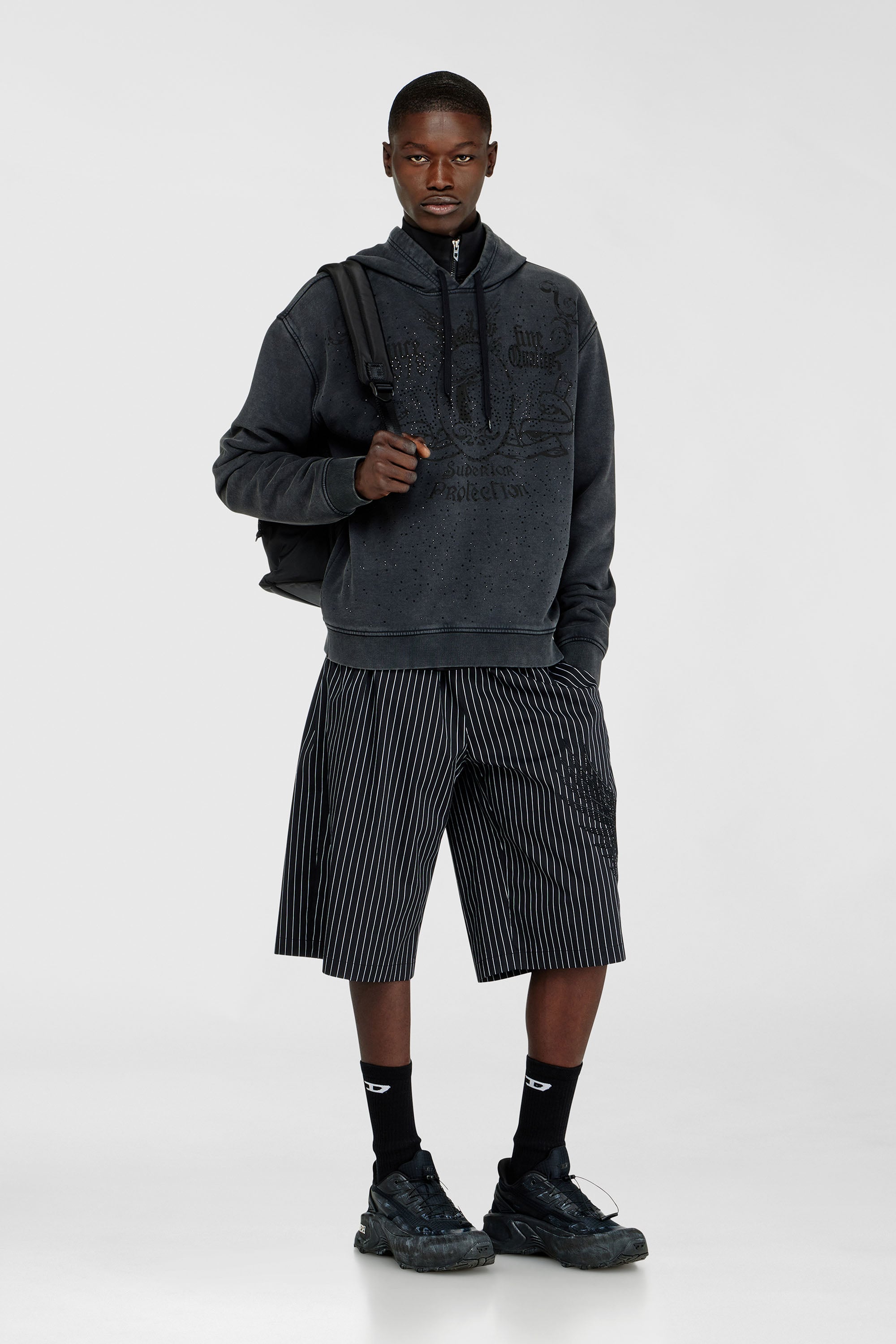 Diesel - S-NORM-HOOD-AA3, Male's Printed hoodie with rhinestone studs in Dark Grey - 2