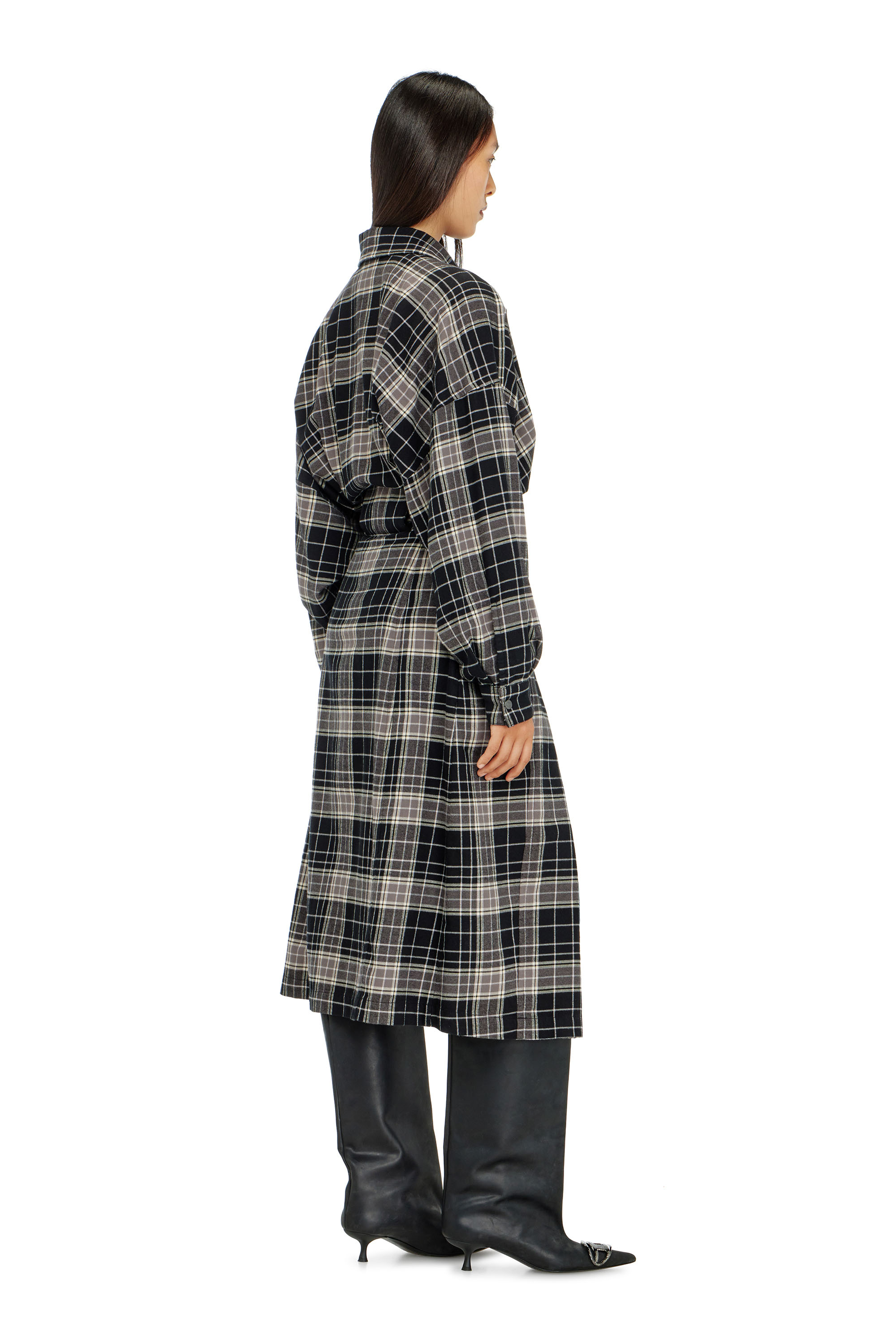 Diesel - D-EDALUS, Female's Midi dress in check flannel with wide belt in Grey/Black - 4