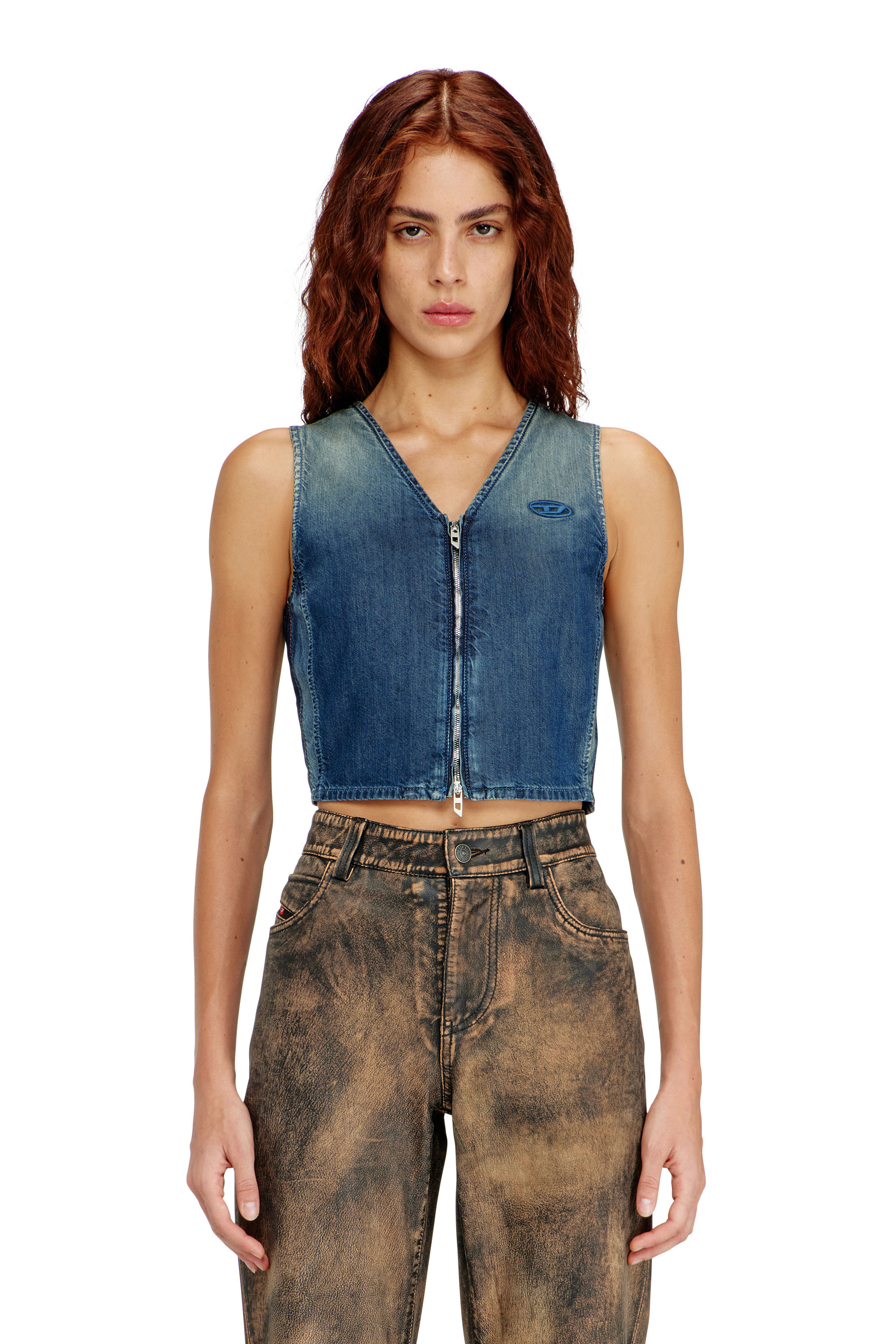 Diesel - DE-MEIO-S, Woman's Cropped denim top with front zip in Blue - 1