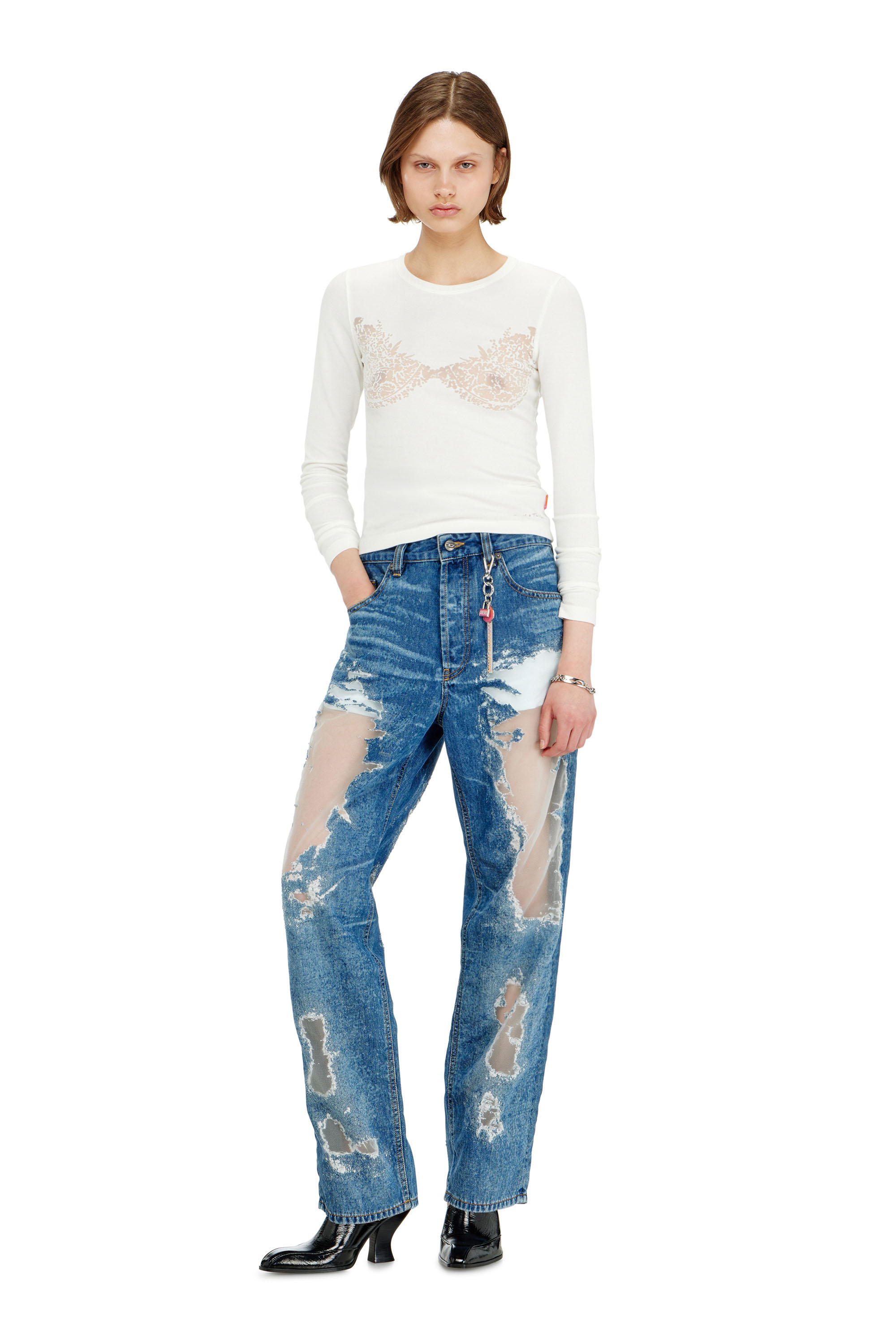 Diesel - PR-T-MOKKI-LS-R, Top avec effet dentelle devor&eacute; Femme in Blanc - 1