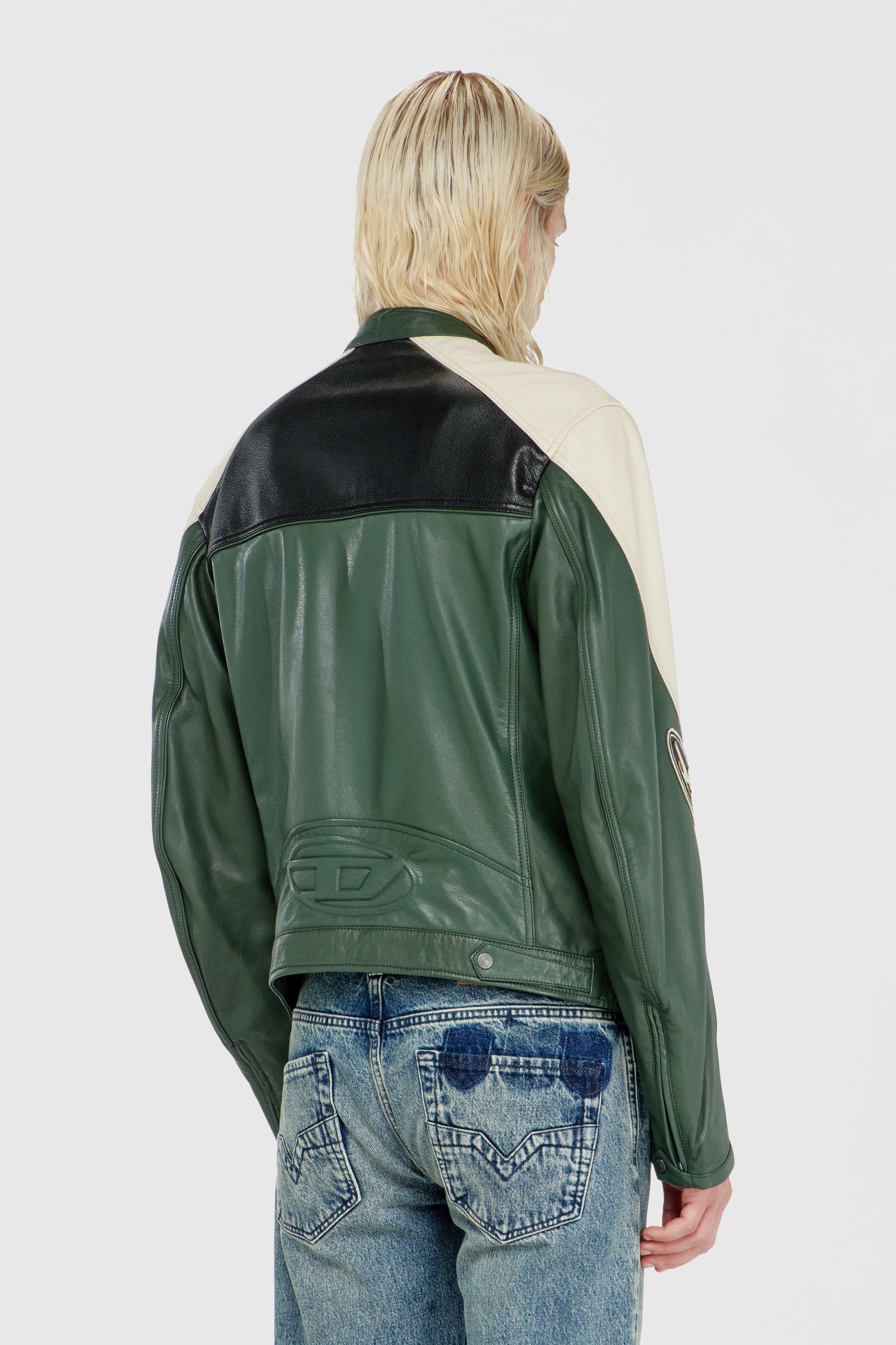 Diesel - L-AHTI, Male's Biker jacket in colour-block perforated leather in Beige/Black - 5