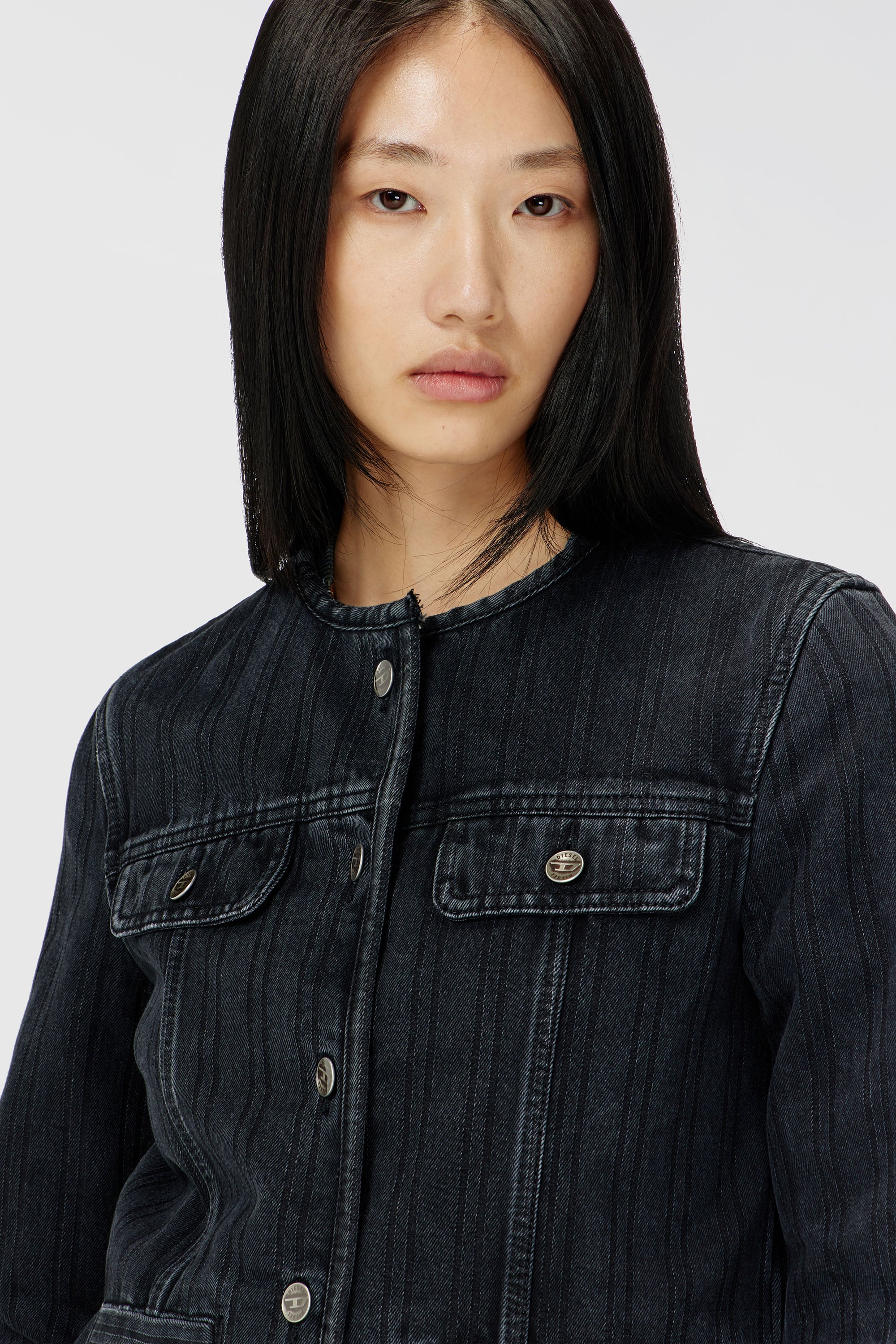 Diesel - DE-GRAFY, Woman's Collarless jacket in pinstripe denim in Black - 4