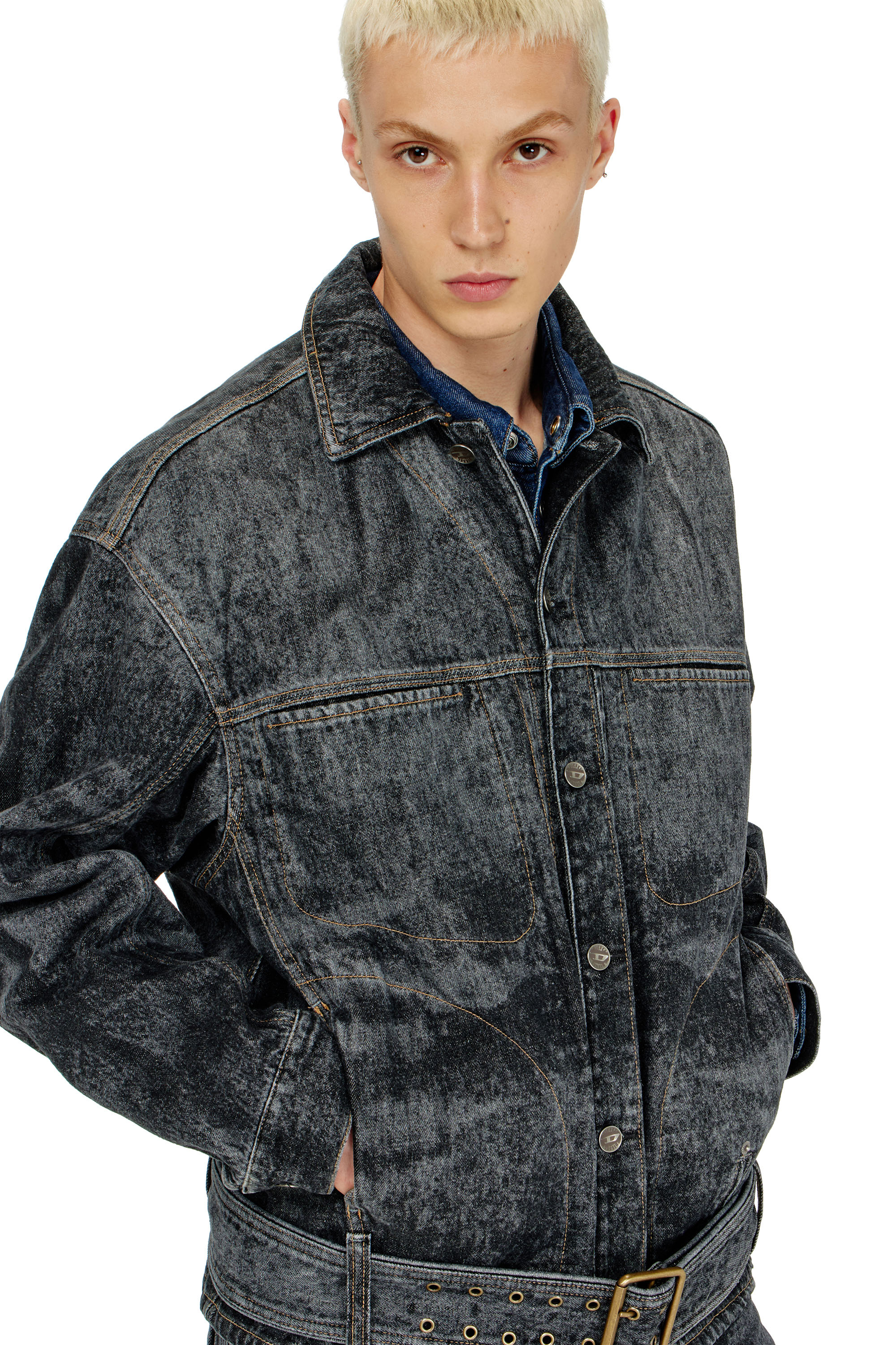Diesel - D-VALERO-S, Man's Biker-inspired denim jacket in Black/Dark grey - 4